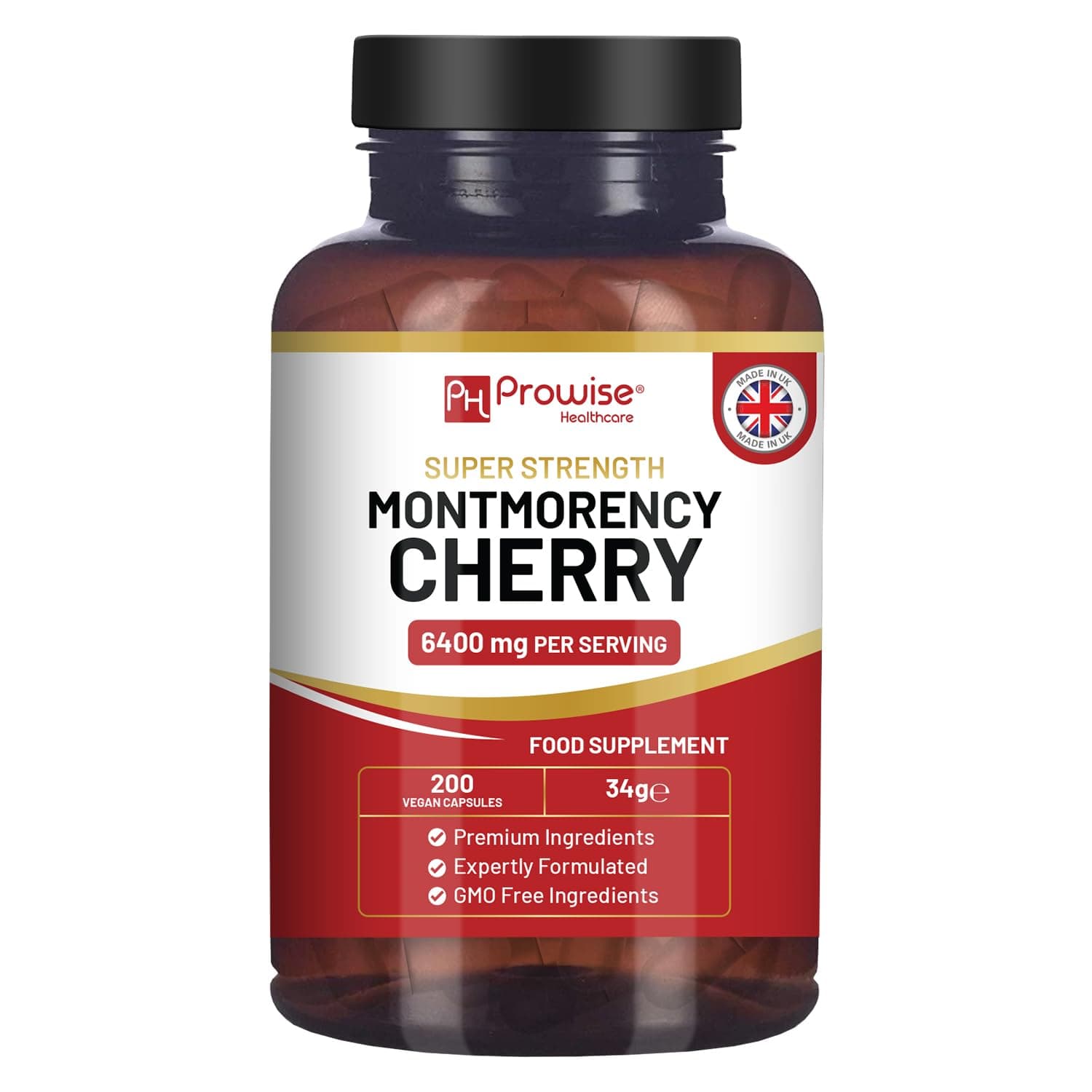 Montmorency Cherry 6400mg - 200 Tart Cherry Capsules - Natural Tart Cherry Extract Supplement for Men & Women – Super Strength, Gluten Free, Vegan and GMO Free - Made in the UK by Prowise