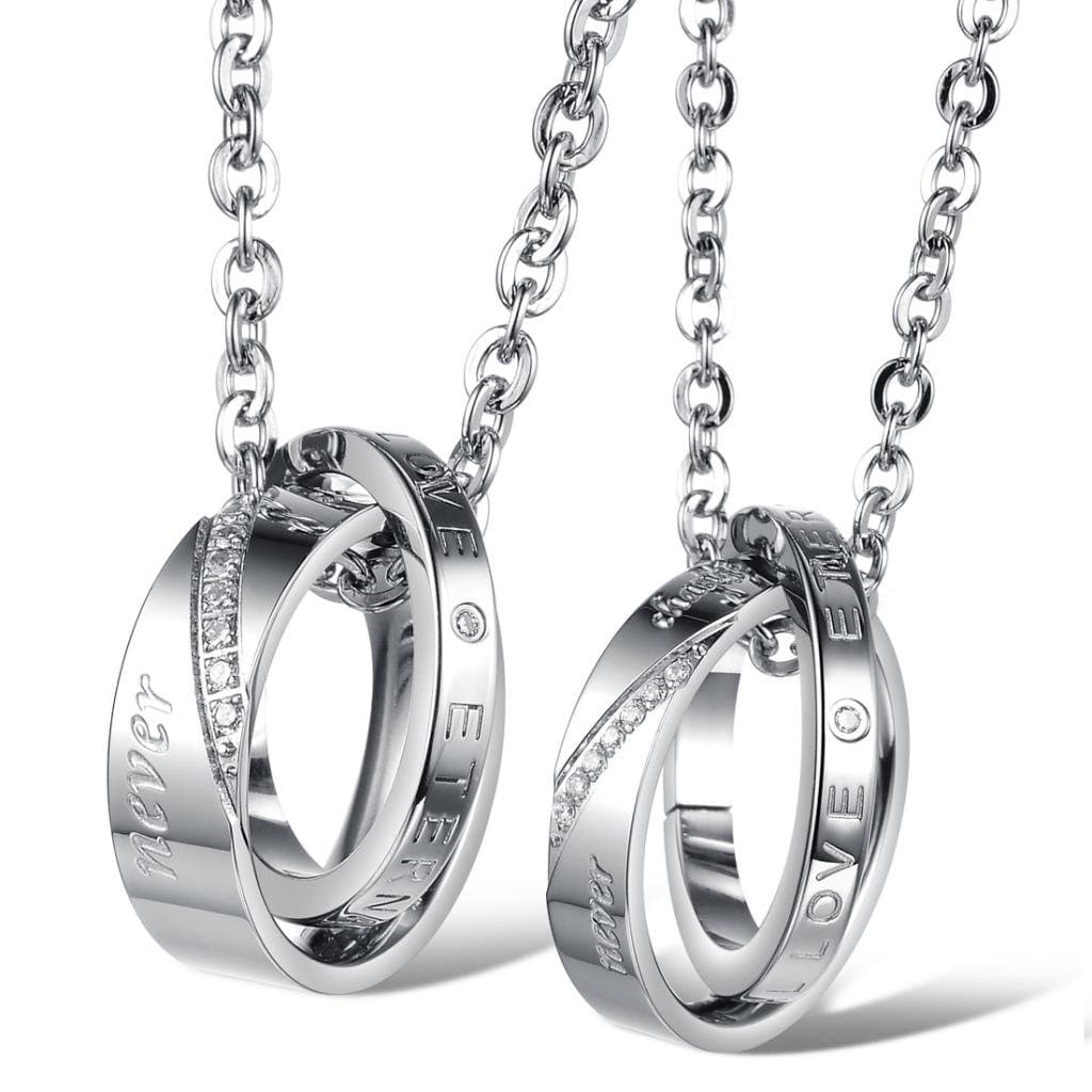 Dixivi Jewelry a Pair Valentine Couple Stainless Steel Double Ring Engraved Promise Necklace Sets