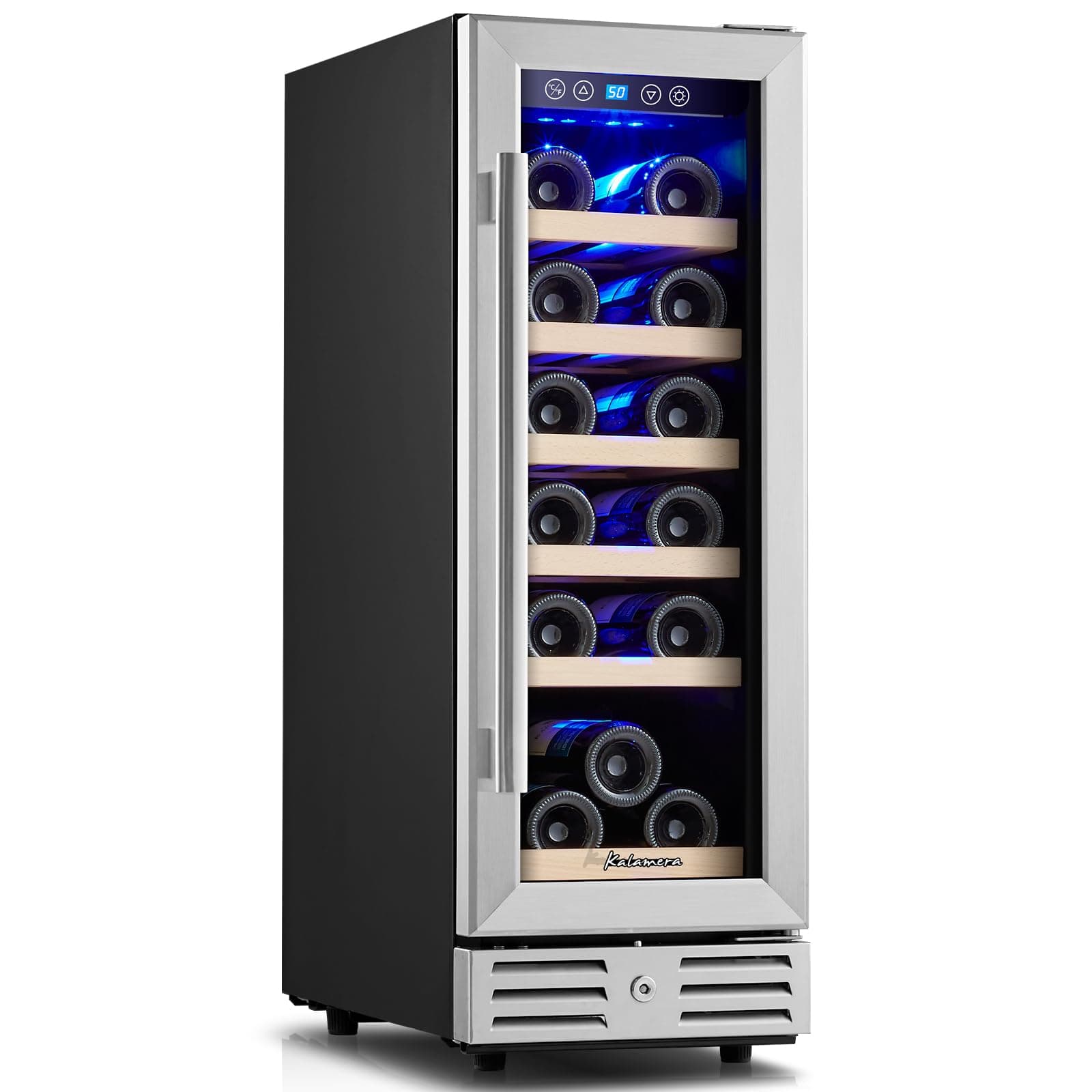 Kalamera Mini Fridge 18 Bottle - 12 inch Wine Cooler Refrigerator, Built-in or Freestanding, with Stainless Steel & Double-Layer Tempered Glass Door, and Temperature Memory Function Wine Fridge