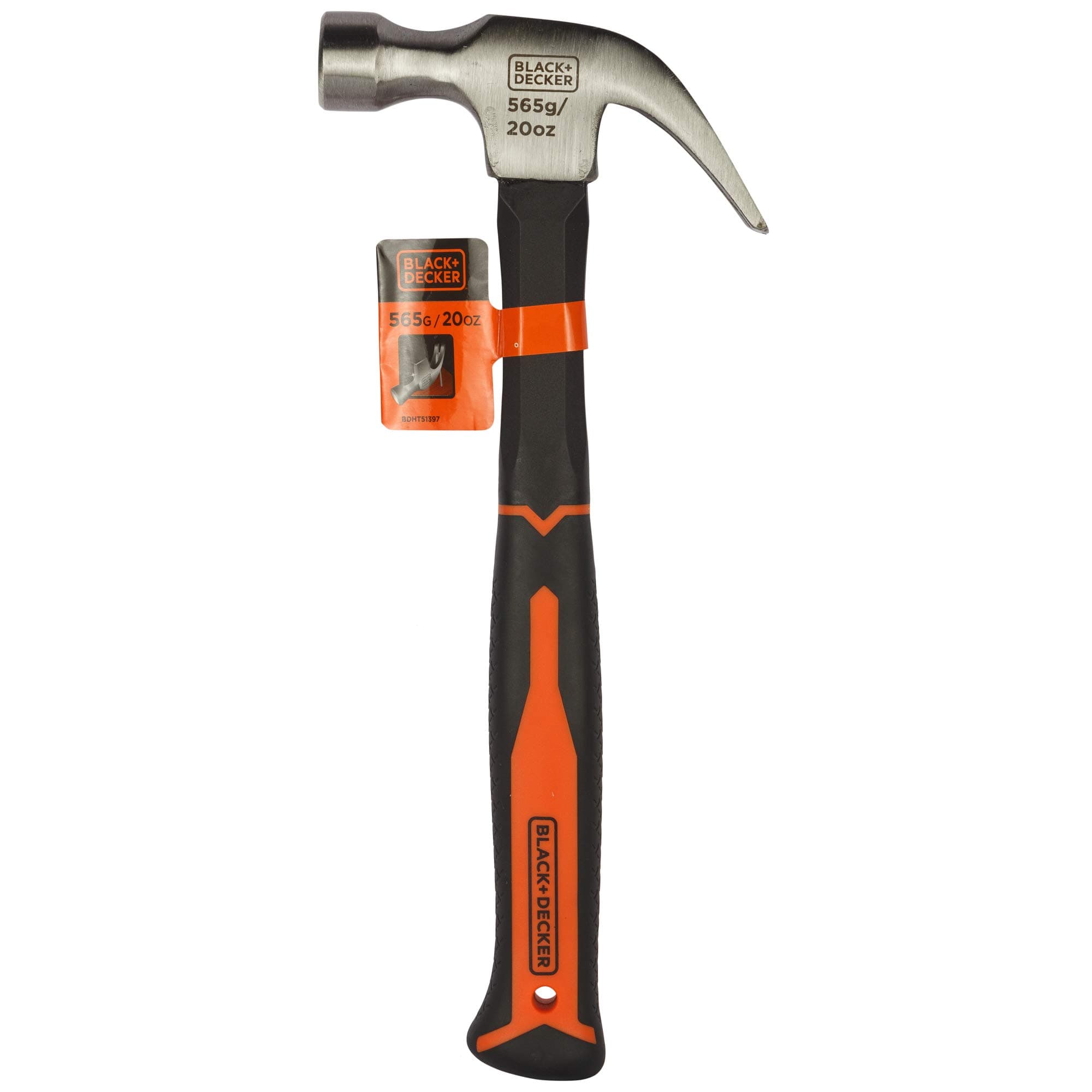 BLACK+DECKER20oz 560g Bimaterial Fiberglass Handle Metal Claw Hammer, Orange/Black - BDHT51397,