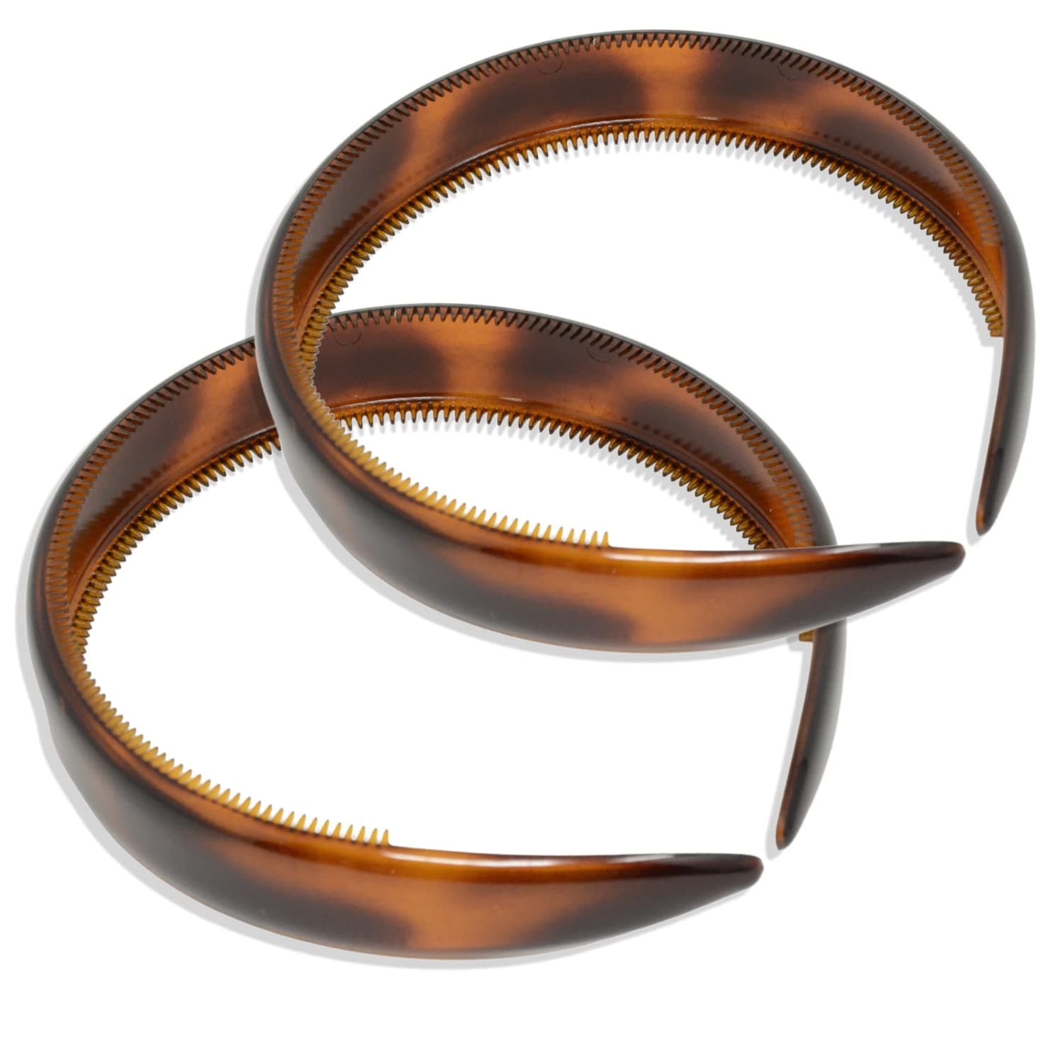 Parcelona French Bold 3/4" Wide Set of 2 Celluloid Hair Headbands Very Flexible Strong Hold Grip No Slip Inner Teeth Durable Styling Women Hair Accessories, Made in France (Tortoise Shell Brown)