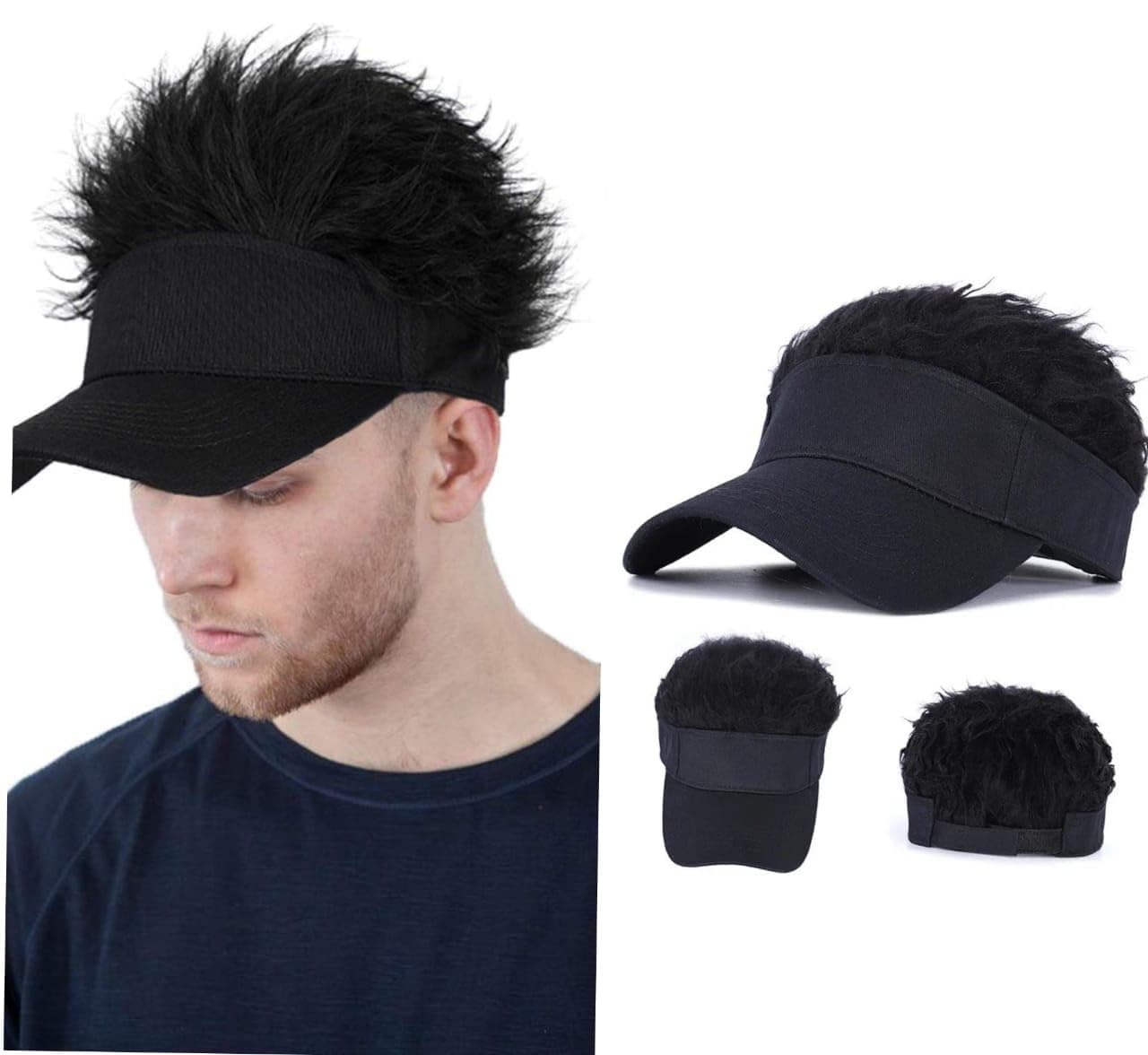 Sun Visor Hat with Novelty Fake Hair Adjustable Golf Baseball Cap Attached Flair Spiked Hairpiece Peaked Wig for Men, Black Color