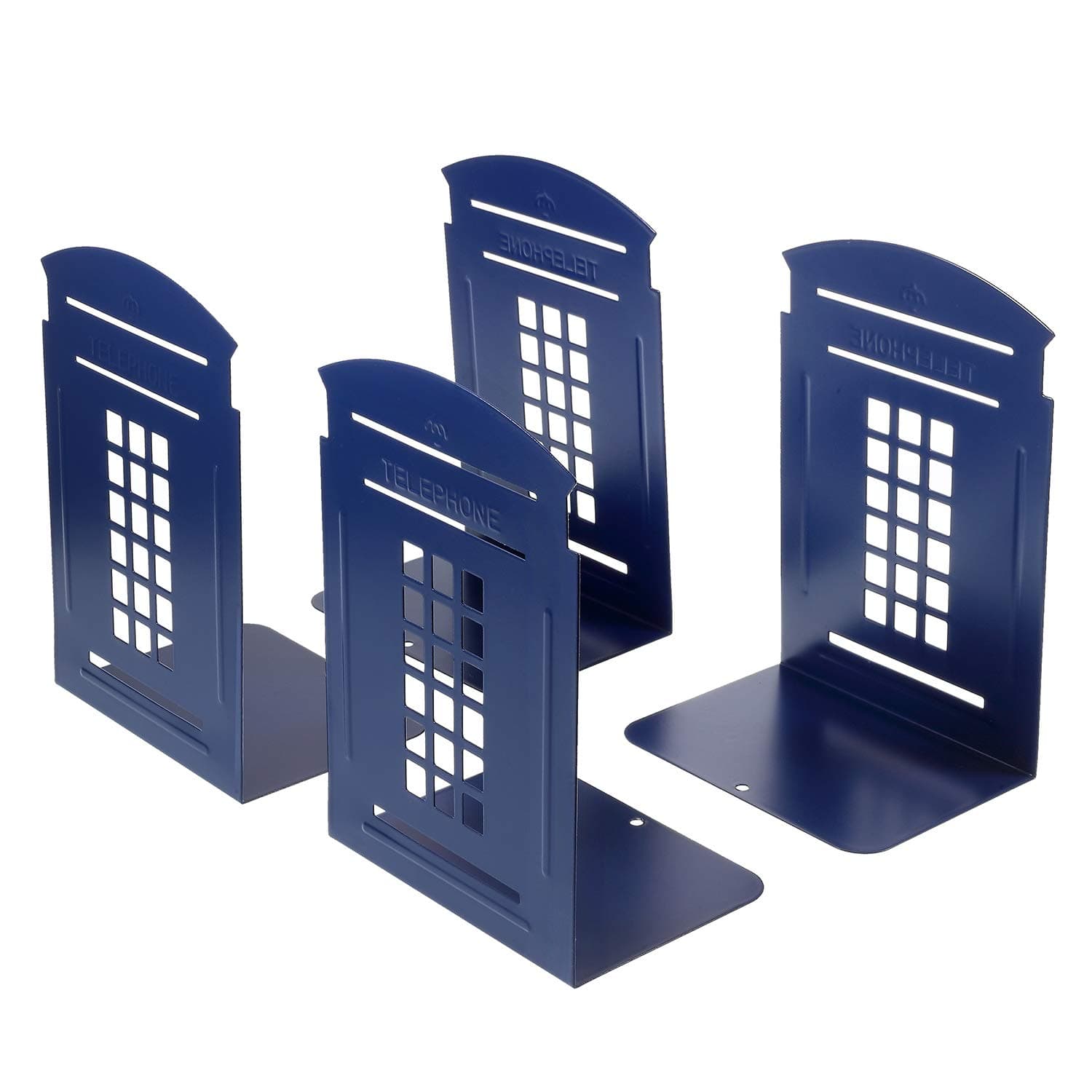 Book Ends, Metal Bookends, Heavy Duty Bookends for Shelves, Decorative Book Shelf Holder for Books, DVD, Video 7.8 x 5.5 x 3.9 inch Telephone Booth Blue (2 Pair/ 4 Pieces)