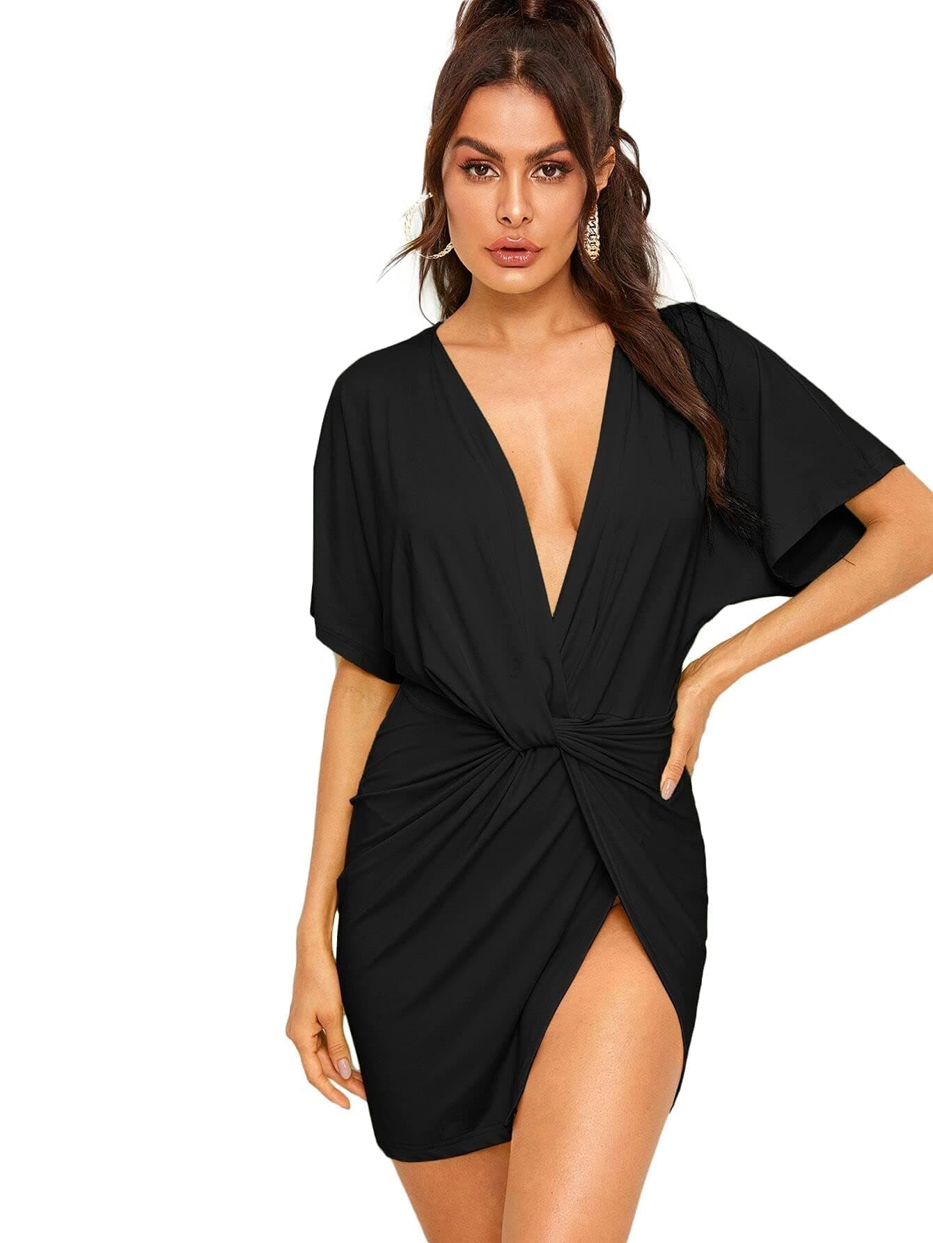 Women's Deep V Neck Twisted Plunging High Slit Mini Party Dress
