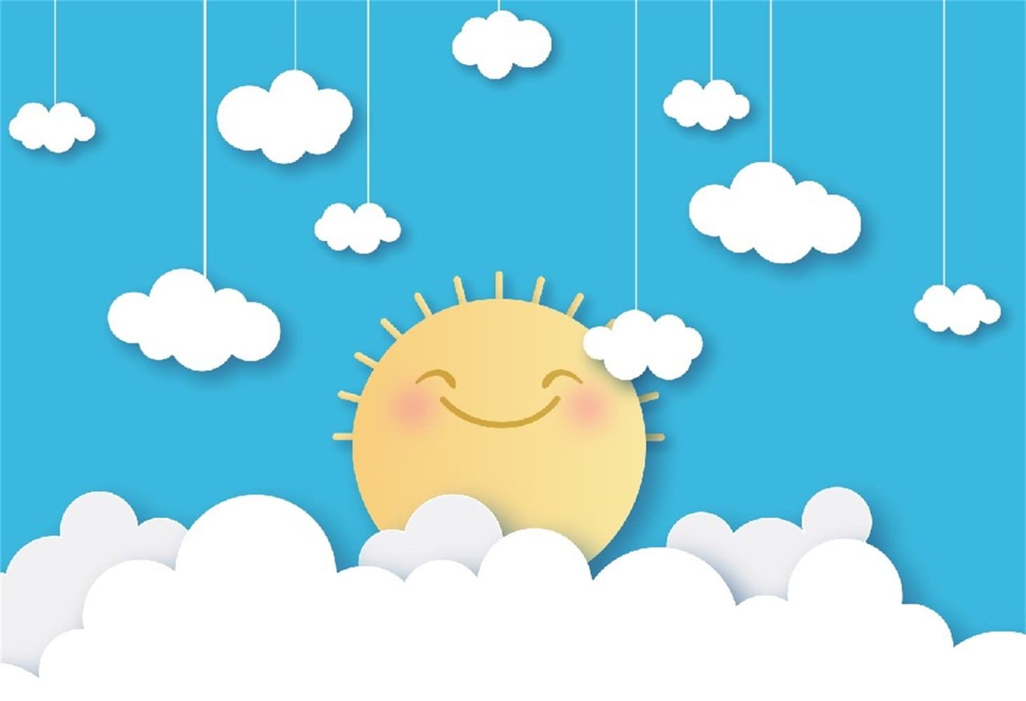 Laeacco Baby Photo Backdrops 5x3ft Vinyl Photography Background Cartoon Cute Smiling Sun Hanging Clouds Blue Sky Kids Baby Shoot Newborn Baby Birthday Party Decoration Cake Smash Kids Room Decoration