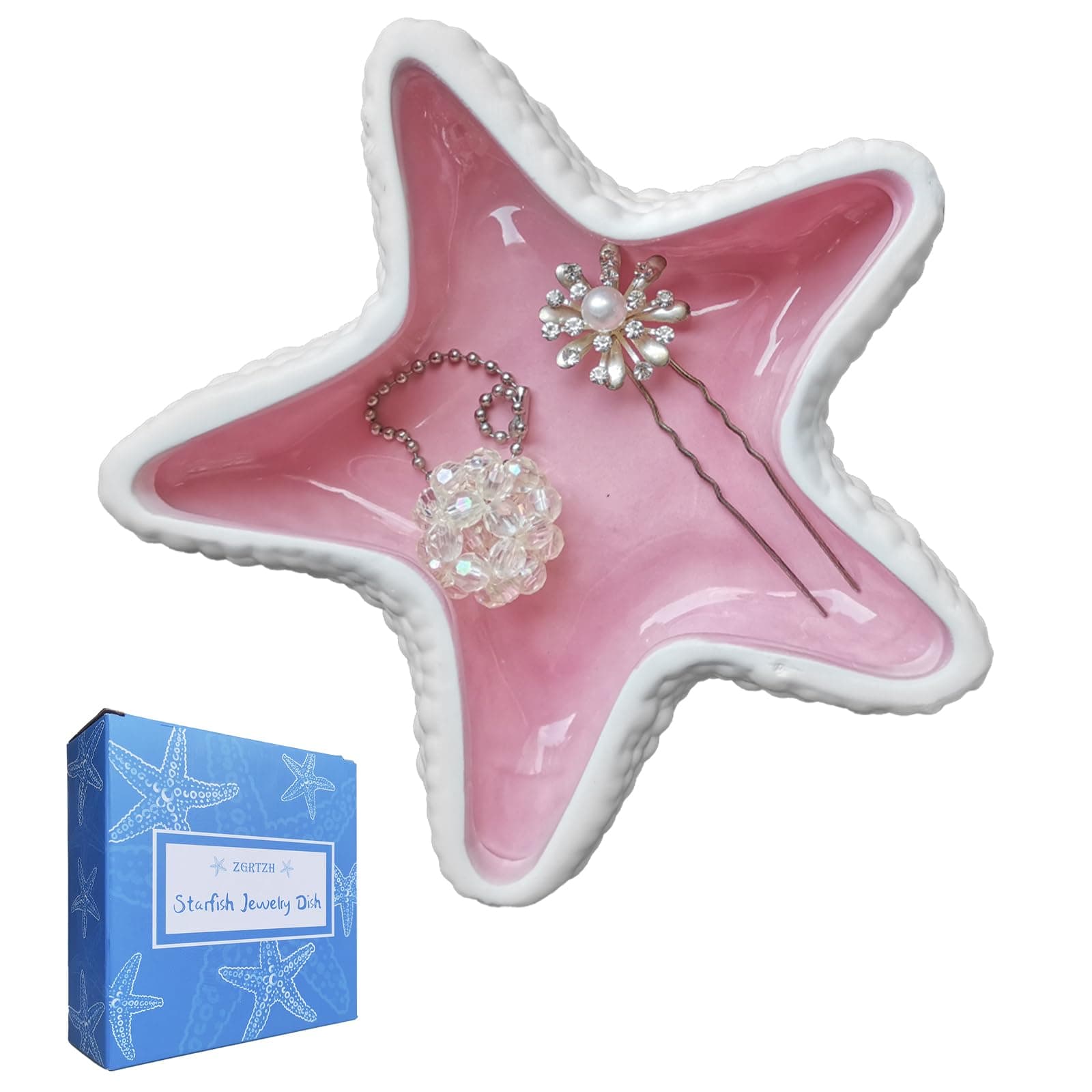 ZGRTZHZGRTZH Ceramic Starfish Jewelry Dish Tray Pink Ring Holder Trinket Dish Small Candy Dish Trinket Tray Jewelry Plate Decorative Tray Key Bowl for Entryway Table Jewelry Party Home Festival Decor
