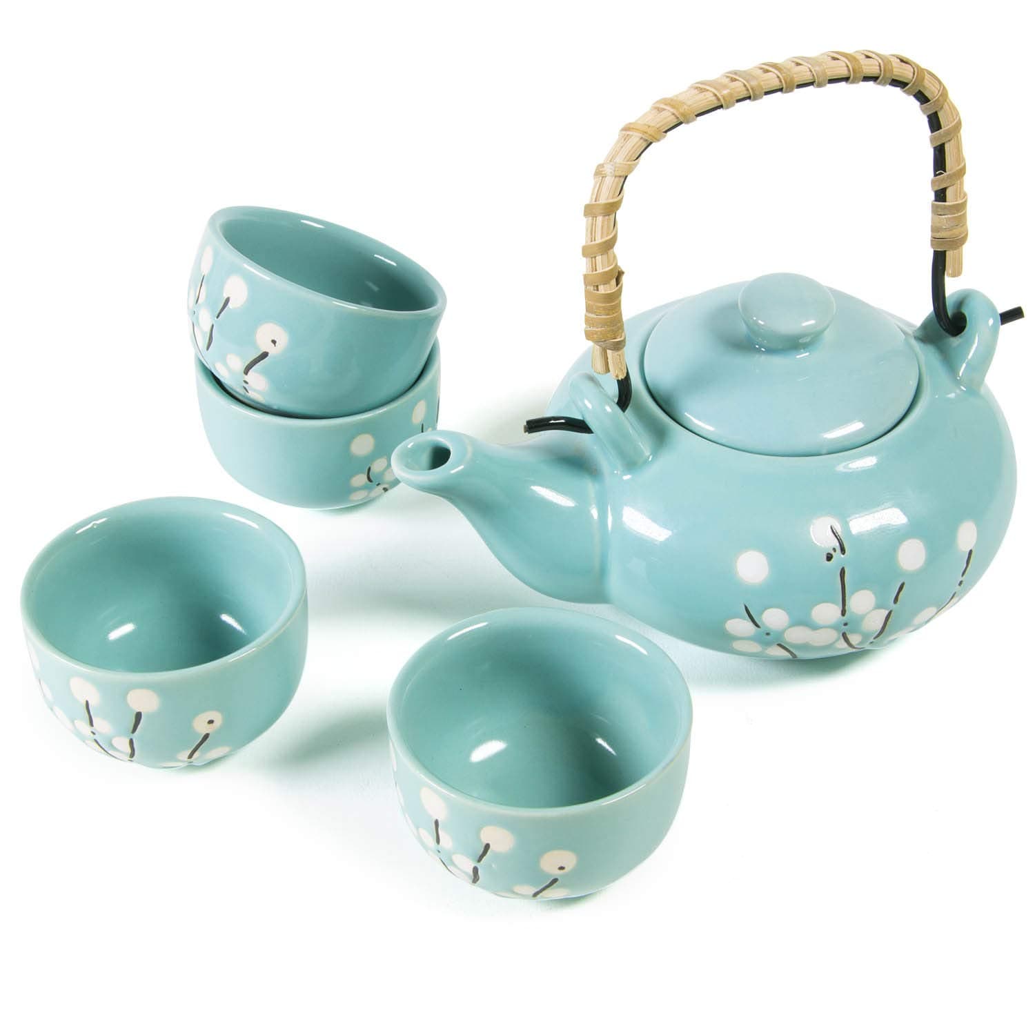 Japanese Tea Set, Artisanal Handmade Ceramic Teapot and Cups Set (4 Cups + Teapot with Handle) - Teal White Flower Cherry Blossom Design