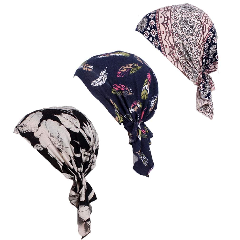 Pre Tied Chemo Head Scarf 3 Packed Beanie Skull Cover Cap for Women (Set6-Long Style)