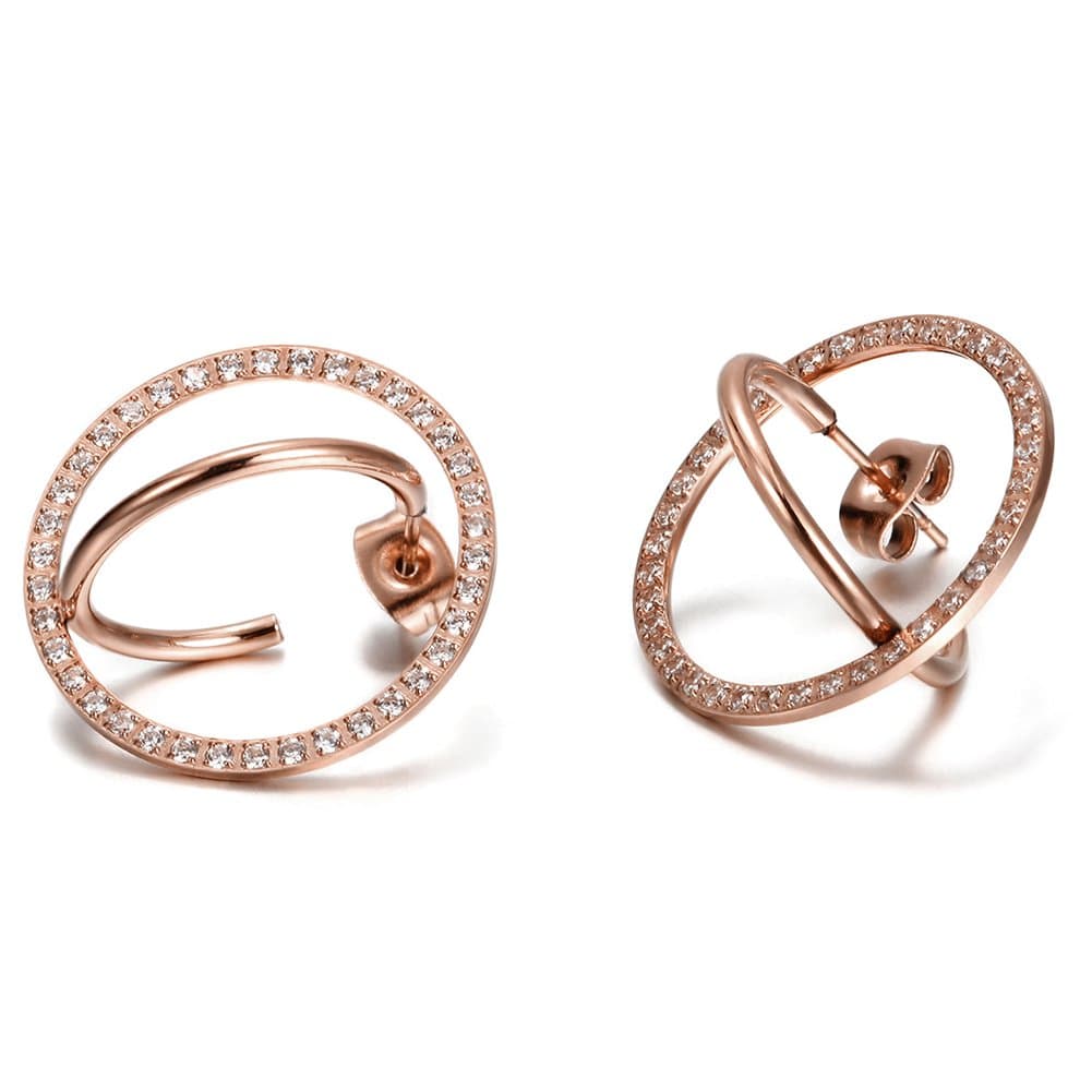 Womens Stainless Steel Gold Plated Hoop Earrings Interlocking Circle Studs with Cubic Zircon