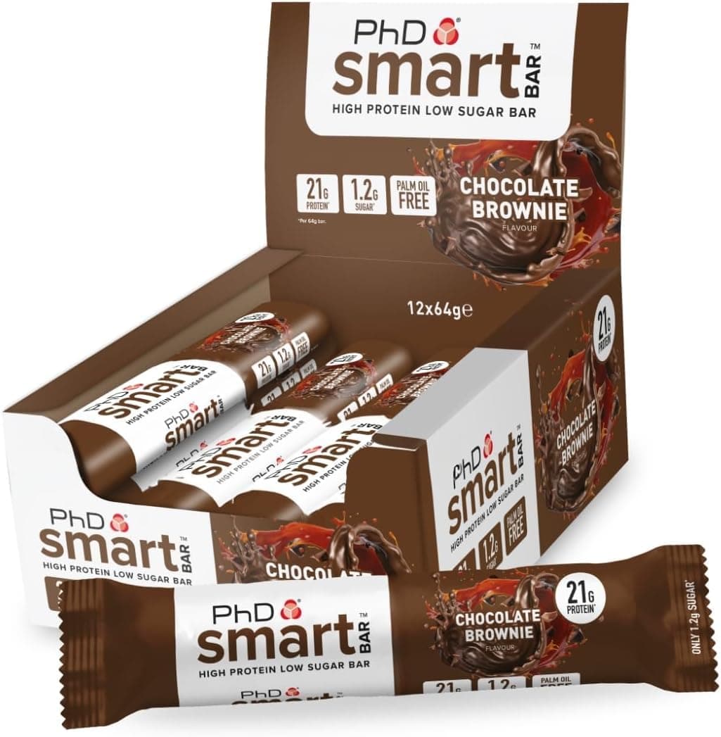 PhD Nutrition Smart Protein Bars - 21g Protein, Low Calorie Snacks, Great Tasting High Protein Snacks & Low Sugar Healthy Snacks for Workout Recovery, Chocolate Brownie Flavour Flavour, 64g, 12 Pack