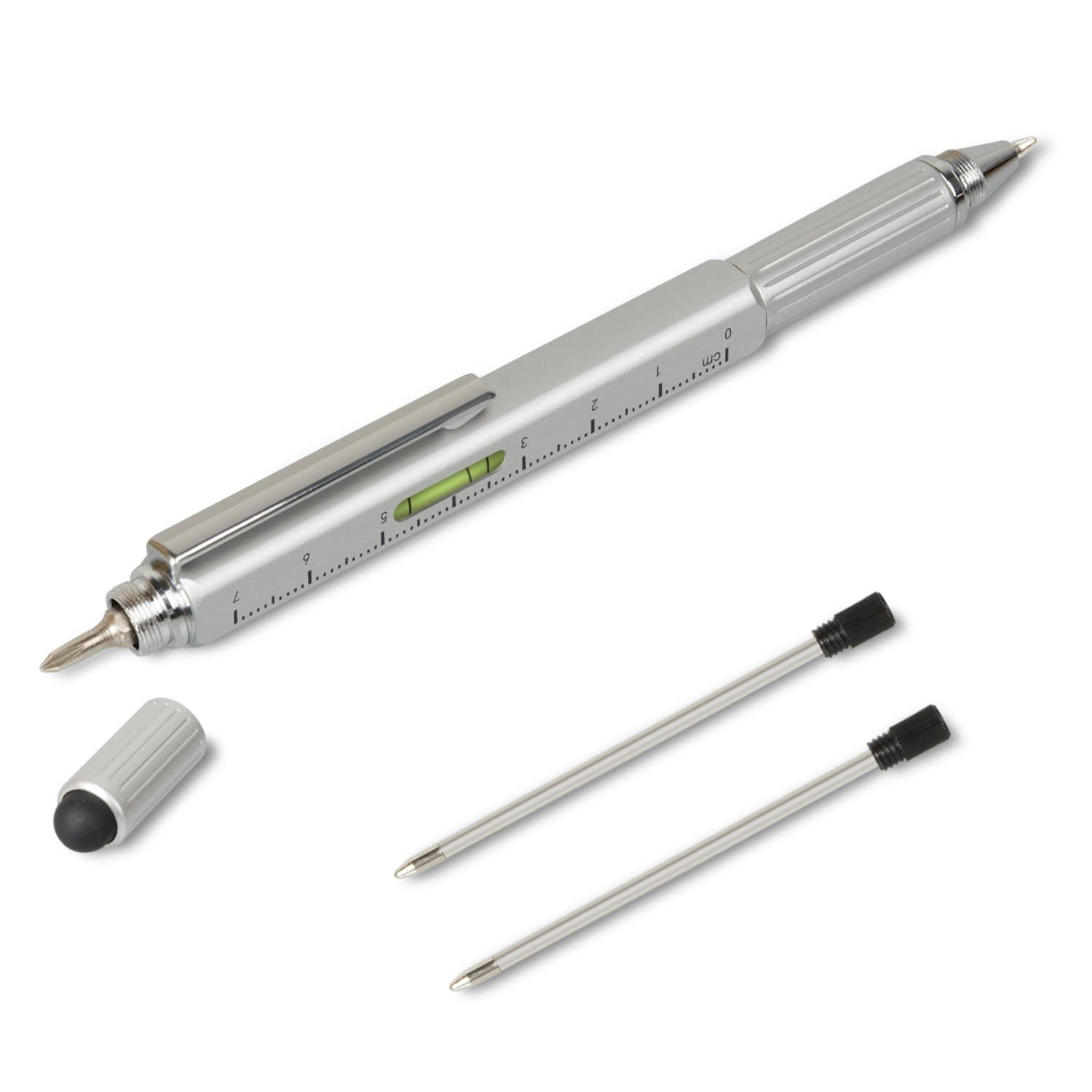 Useful Gadgets Business Gift for men, 6 in 1 Sliver tool pen with Ruler, Level gauge, Ballpoint Pen, Stylus and 2 Screw Drivers, Multifunction Tool Pen Fit for Engineers (Old pen)