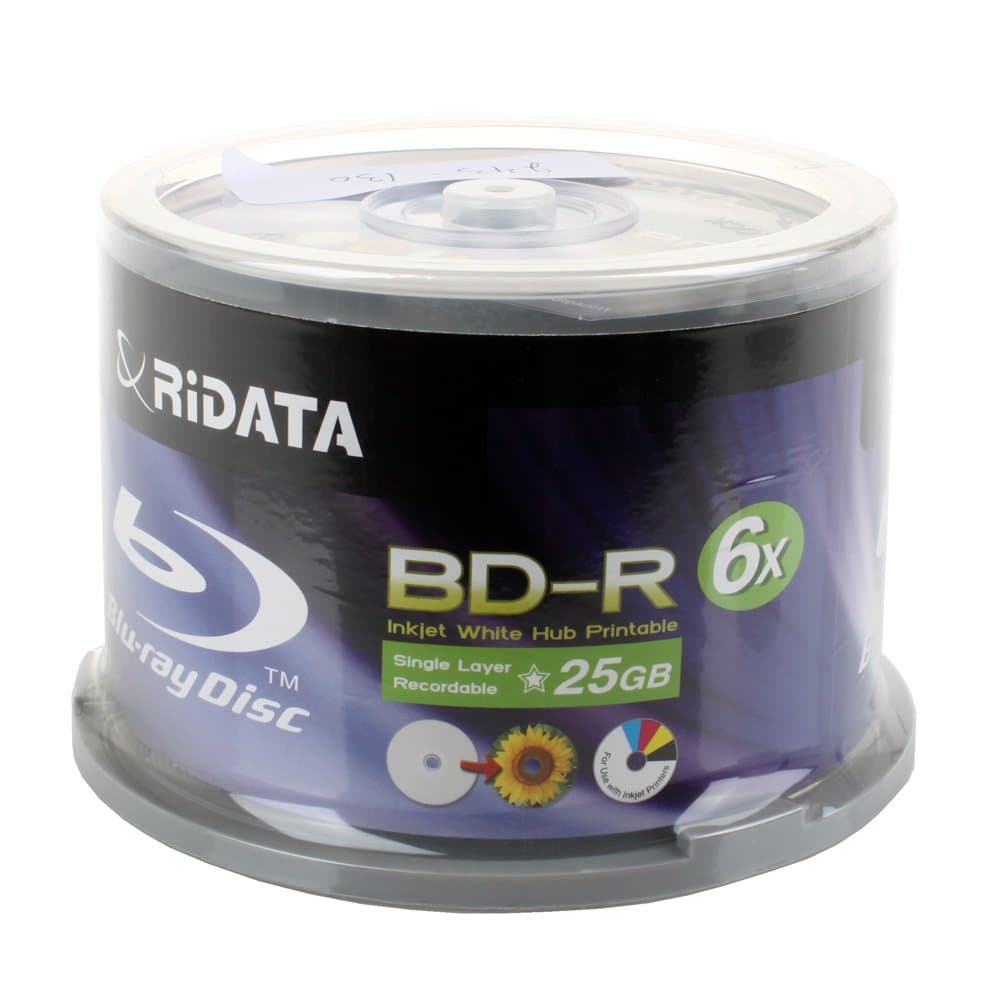 Ridata BD-R 6X 25GB Blu-Ray White Inkjet Printable 50pk Blank Disc Spindle (BDR-256-RDIWN-CB50)