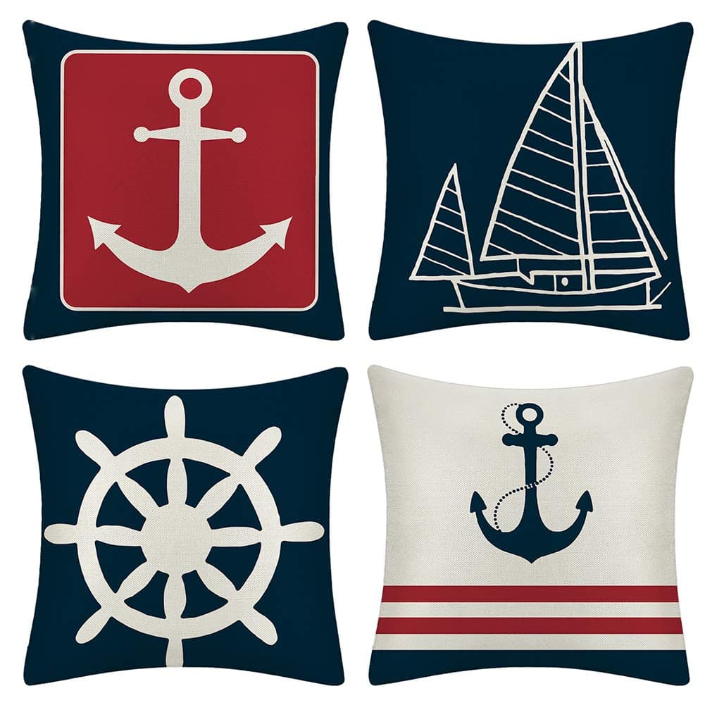 JOTOM Cushion Covers Decorative Throw Pillow Case Sofa Car Sailboat & Ship Rudder Pillowcase for Home Bed Decor 45 x 45cm,Set of 4 (Anchor)