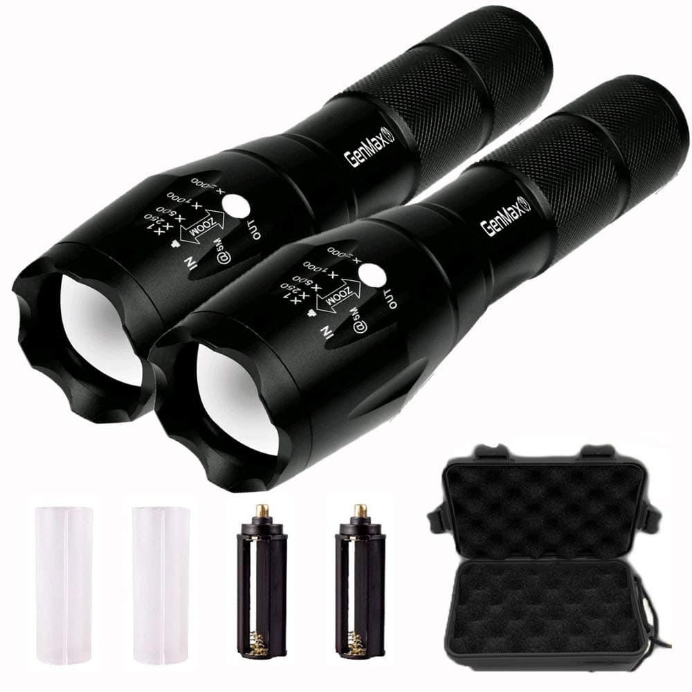Pack of 2 GenMax Super Bright High Lumens T6 LED Flashlight, 5 Light Modes Max Med Low Strobe SOS, Adjustable & Zoomable, Outdoor Water-Resistant Torch, For Camping Boating Fishing Hunting
