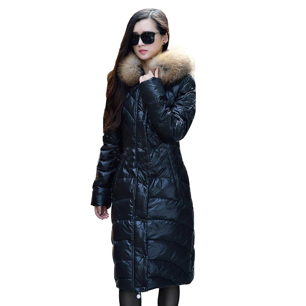 XIAOLV88 Aileen88 Women's Slim Faux Fur Trim Long Hooded Warm Down Coat Jacket Parka Black
