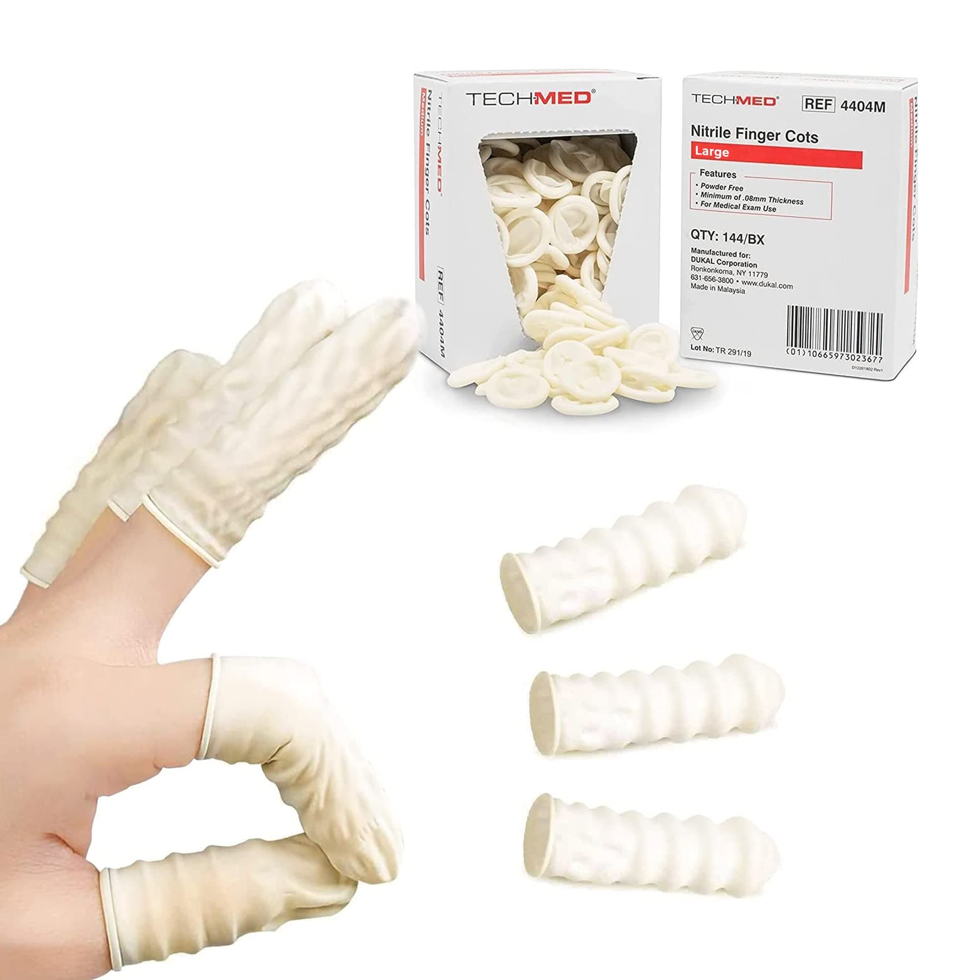 Dukal Nitrile Finger Cots. Box of 144 Pre-Rolled Ribbed Finger cots for Professionals and Patients. Large Size. Non-Powdered Protective Finger cots. Latex-Free.