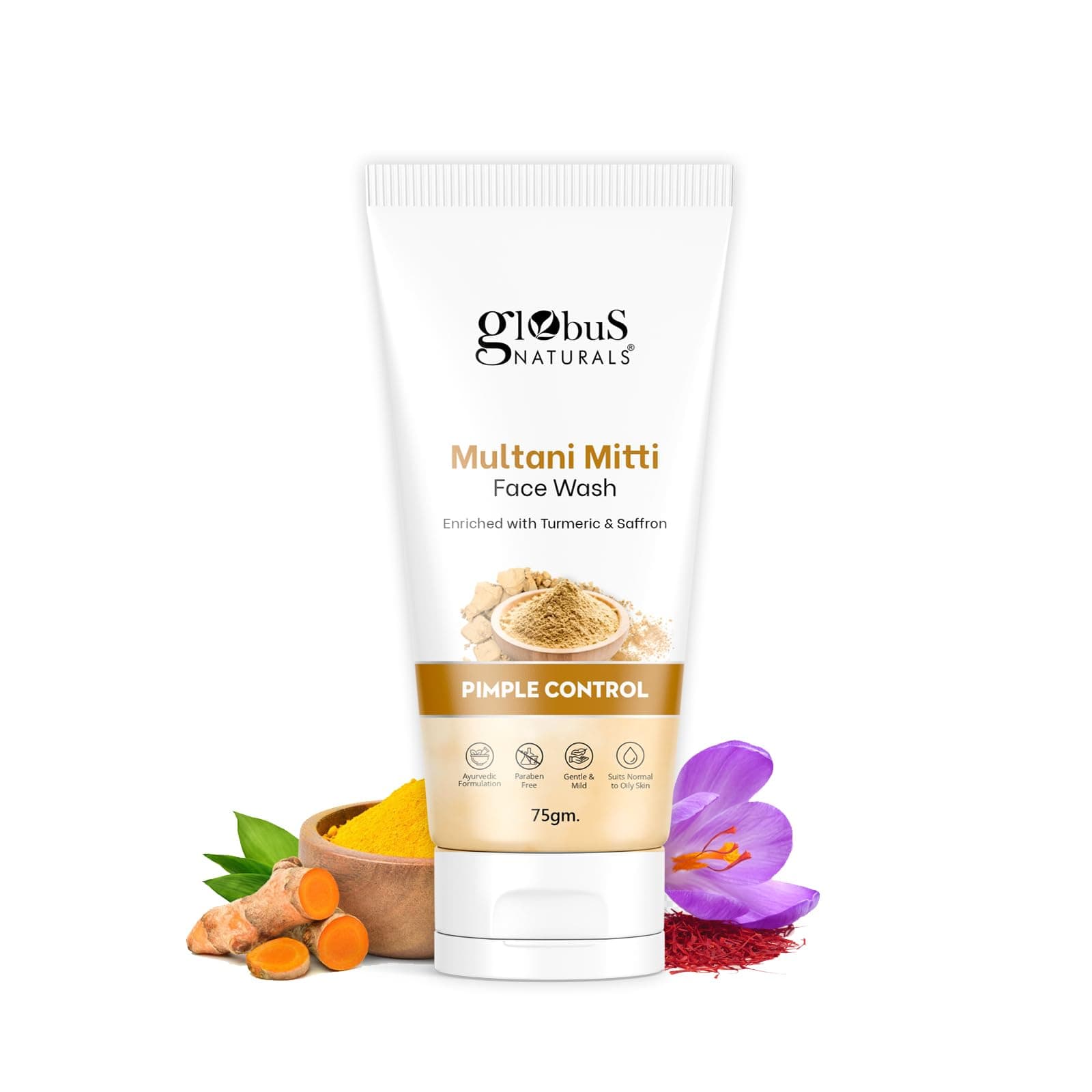 Globus Naturals Multani Mitti Face Wash, Enriched With Turmeric & Saffron, For Pimple Control, Suitable For Oily & Acne Prone Skin, 75 gm