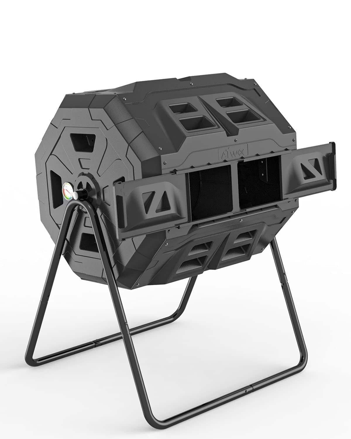 EJWOX 43 Gallon Dual Chamber Tumbling Composter with Integrated Thermometer - Rotatable Outdoor Compost Bin, Dual Batch Design for Garden Waste, Black