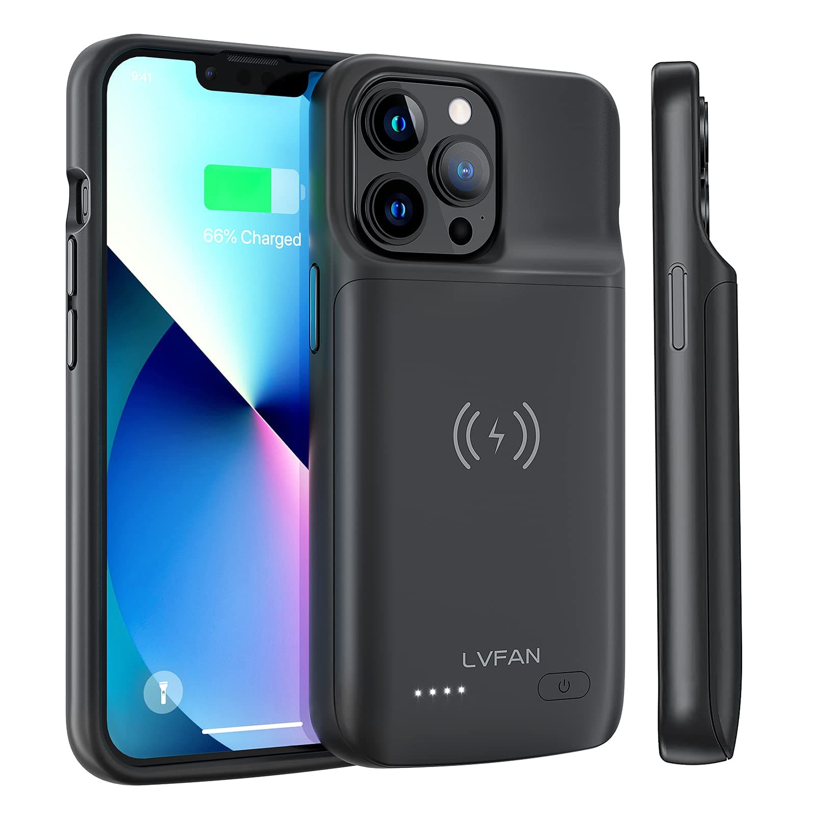 Battery Case for iPhone 13 Pro, LVFAN 4800mAh Wireless Charging Ultra Slim Portable Protective Charging Cover Rechargeable Extended Battery Pack Charger Case for Apple iPhone 13/13 pro -6.1inch Black