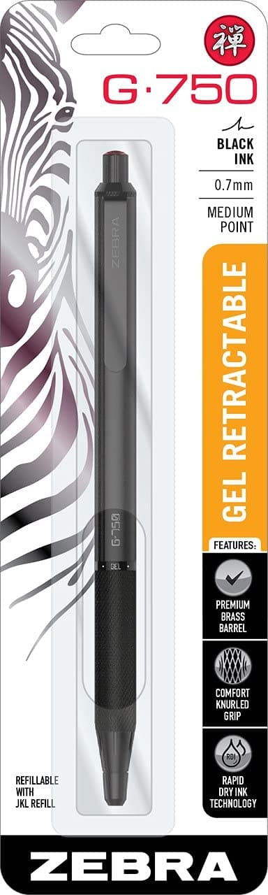 Zebra Pen – STEEL Series Premium Gel Pen – G-750 Retractable, 0.7mm Medium Point Black Ink, Rapid Dry Ink, Comfort Knurled Grip, Black Brass Barrel, Refillable, Japanese Craft Detail, 1-Pack (49811)