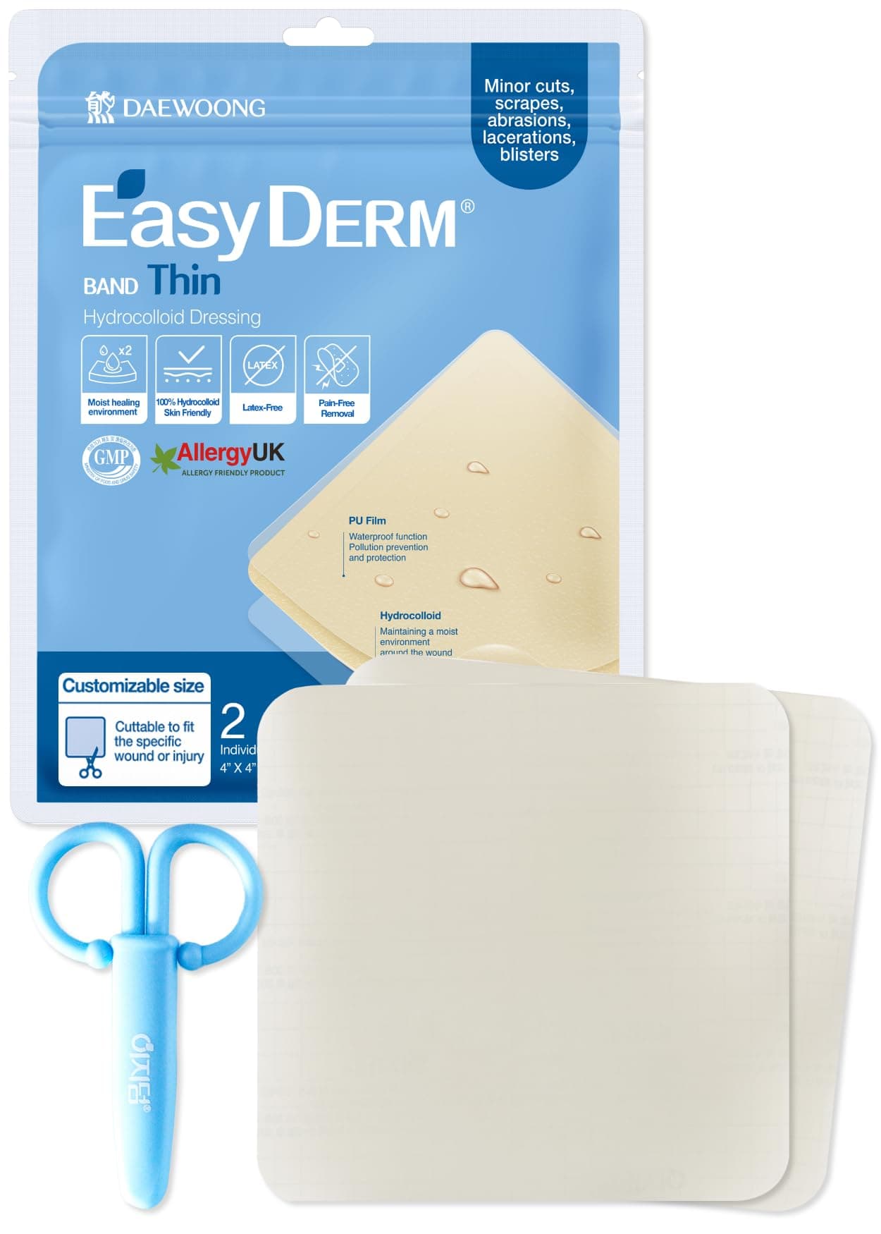 Easyderm Thin Collection (4" x 4" 1 Pack (2 Dressings) + Mini Scissors)