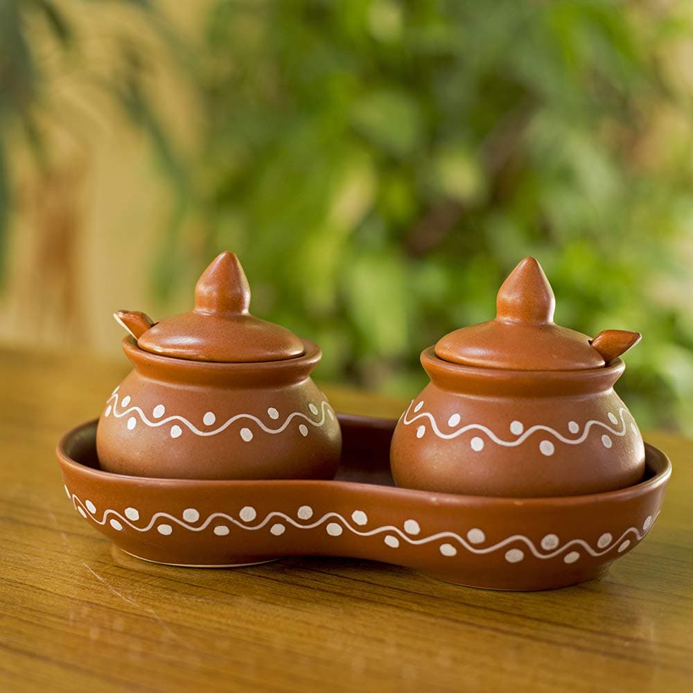 CRAFTGHAR Microwave Safe Ceramic Pickle Jar Set (140ml, Brown)