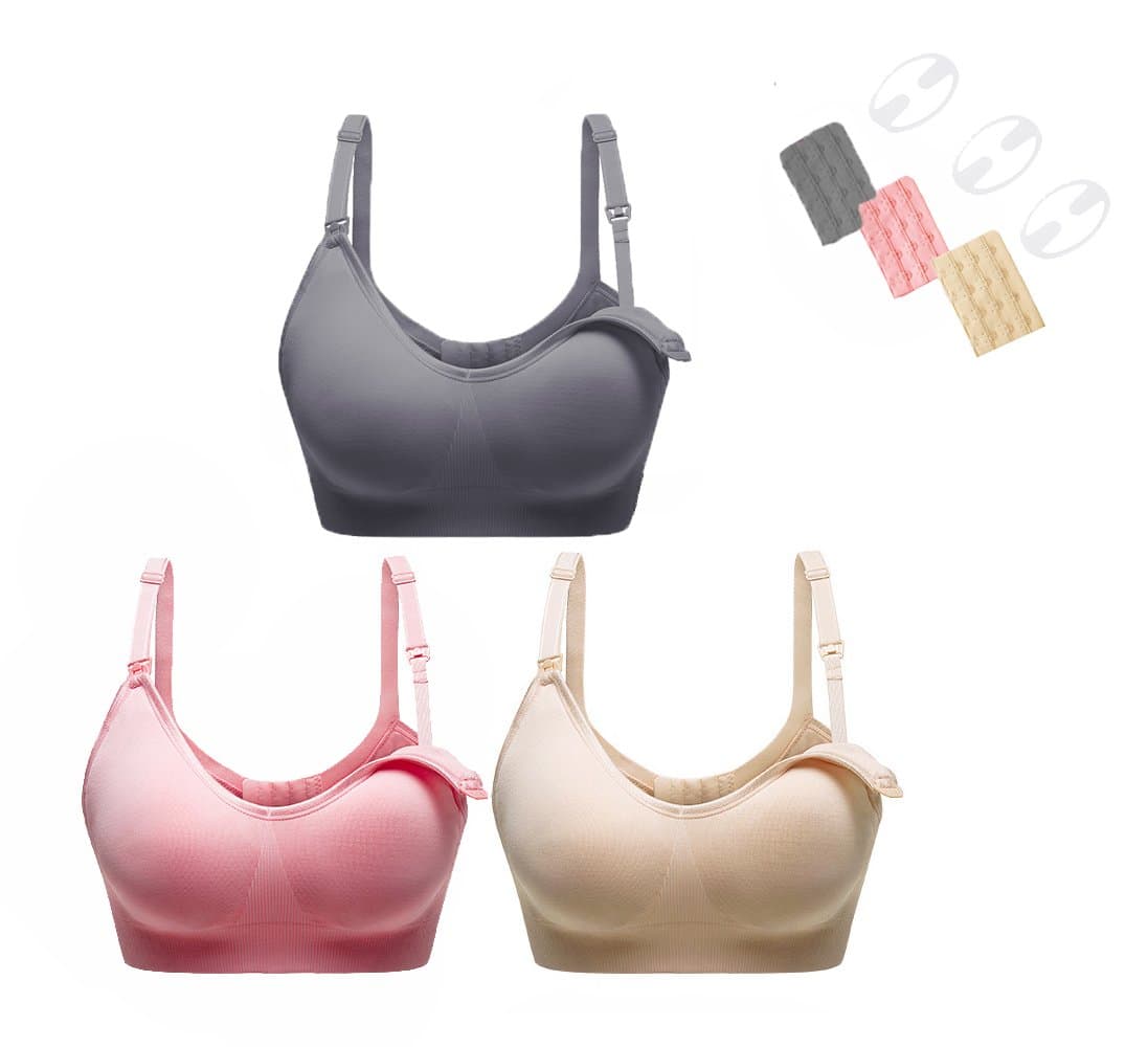 Perkisboby Women's 3 Pack Seamless Maternity Breastfeeding Nursing Bra Sleep Bralette with Extenders, Clips (M - 32F-32G,34D-34G,36B-36D,38B-38C, Gray & Pink & Beige)
