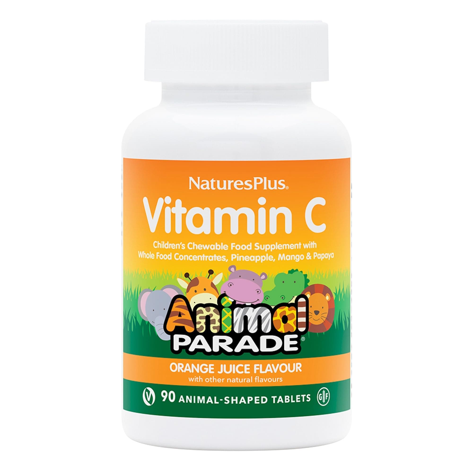 NaturesPlus Animal Parade Children's Vitamin C Chewable - Natural Orange Juice Flavour - Immune Support - Vegan, Gluten Free - 90 Animal Shaped Tablets