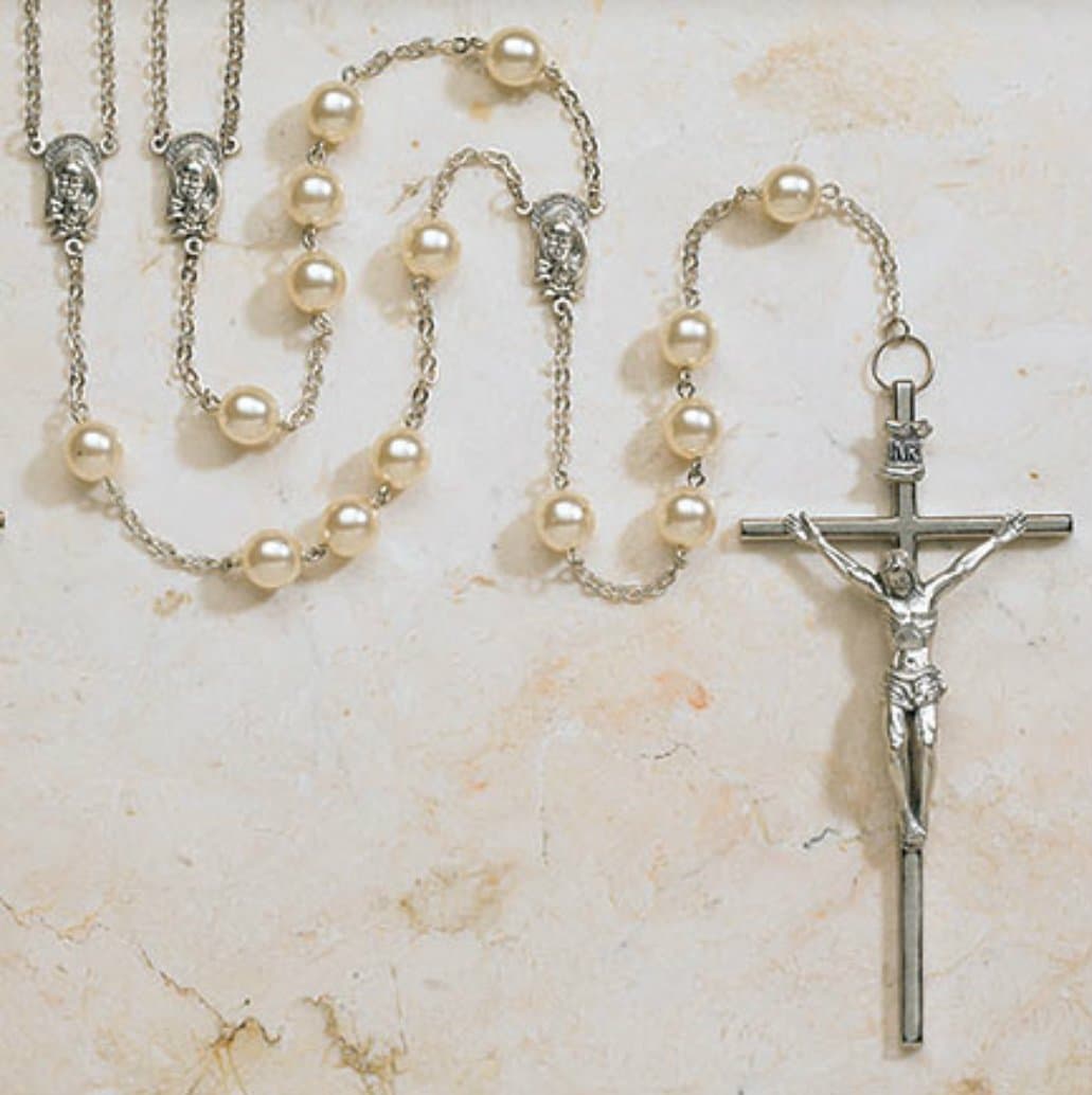 CREED Elegant Wedding Ivory Lasso Rosary 10mm Bead 4 1/4 Crucifix Elegant Gift Box