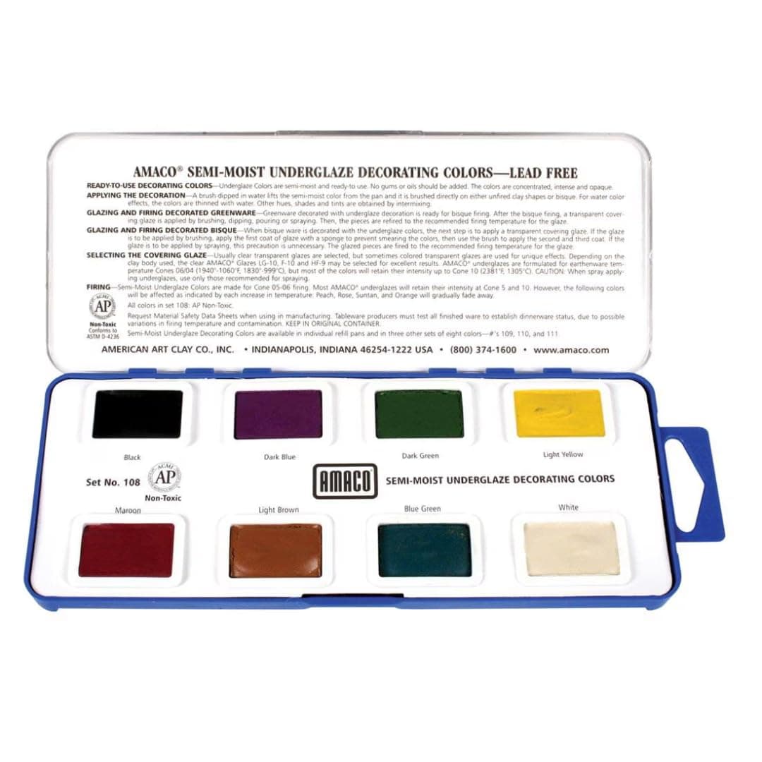 AMACO Semi-Moist Underglazes 8-Count Set No. 1 (#108), 8 Assorted Decorating Colors in Watercolor-Like Pans, Low/Mid-High Fire Cone 05-6 (SMUG) Ceramic Pottery Underglazes for Unfired Clay and Bisque