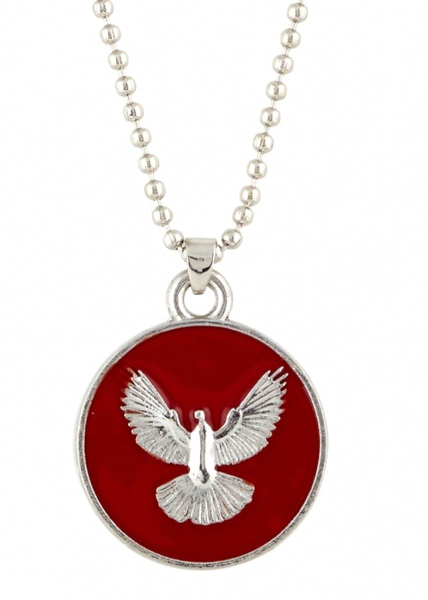 SIlver Tone Red Enamel Confirmation Holy Dove Religious Pendant, 1 Inch