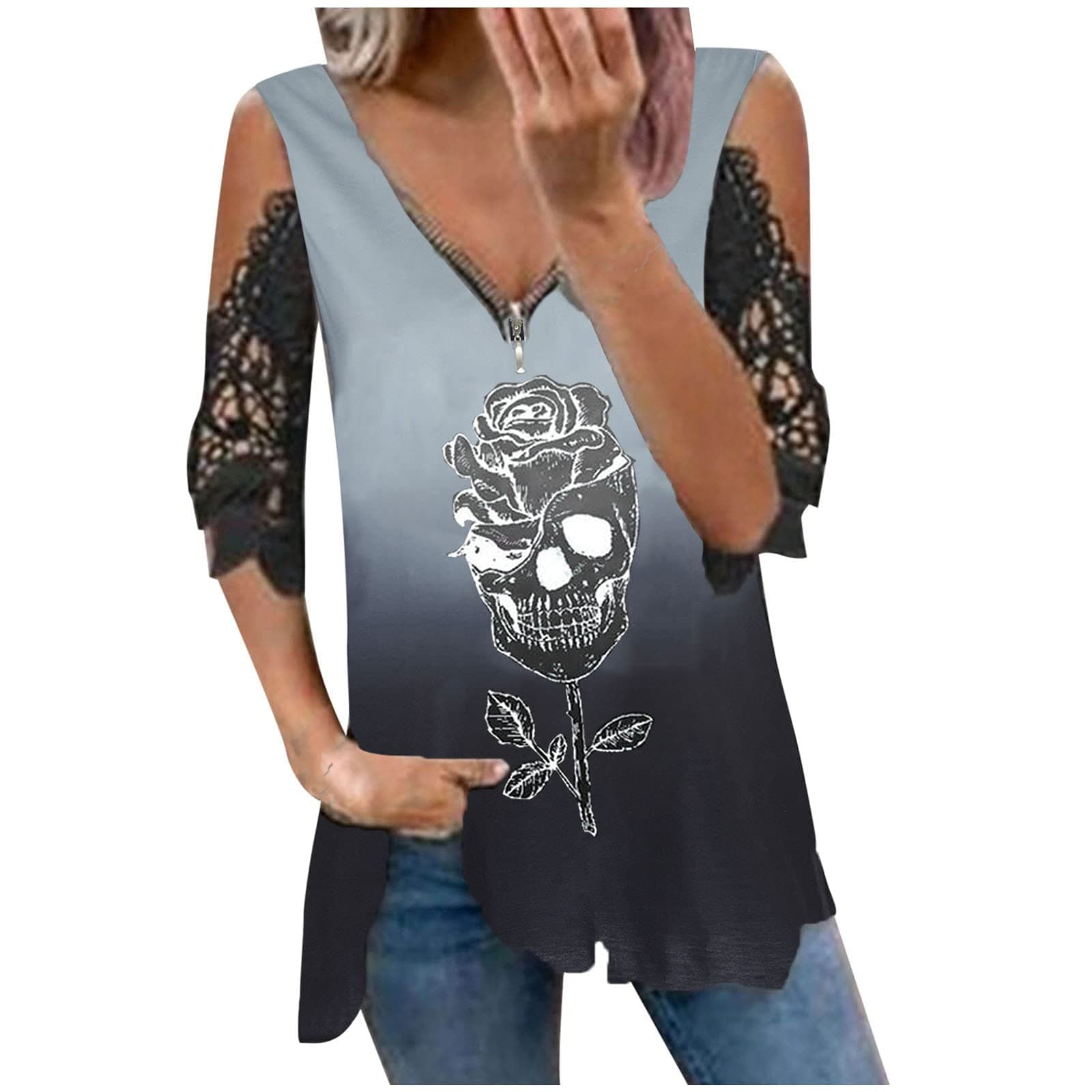 Plus Size Casual Tee Tops for Ladies,Women's Loose Lace Half Sleeve V-Neck Zipper Hollow Out T Shirts Blouse Tops