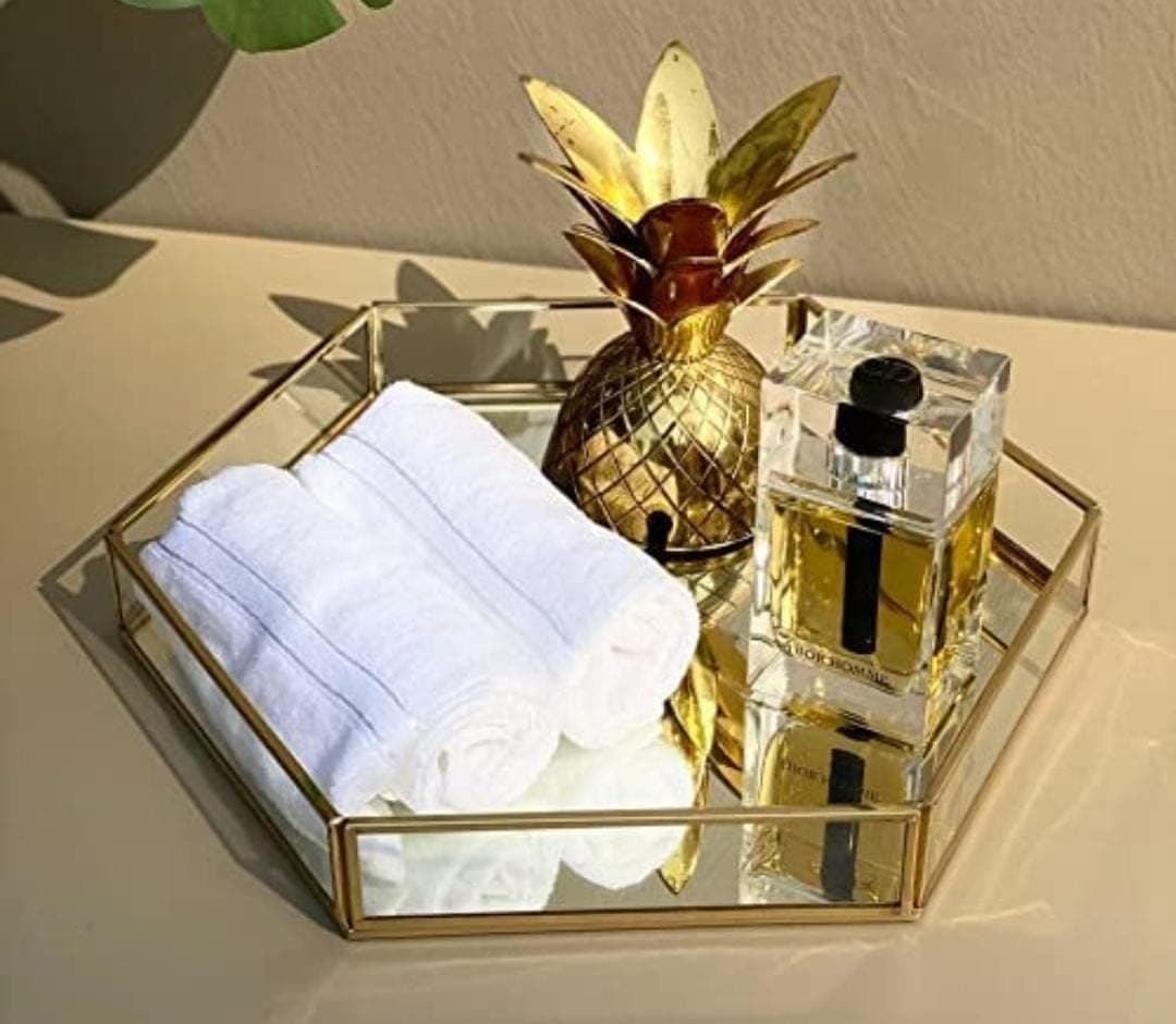 - Collections Vintage Glass Perfume Tray, Jewelry Tray, Hexagonal Mirror Tray, Home Table Decoration, Makeup Organizer, Vanity Tray (Material- Brass, Colour- Gold, Size- 8x9x1.5) (Pack of 1)