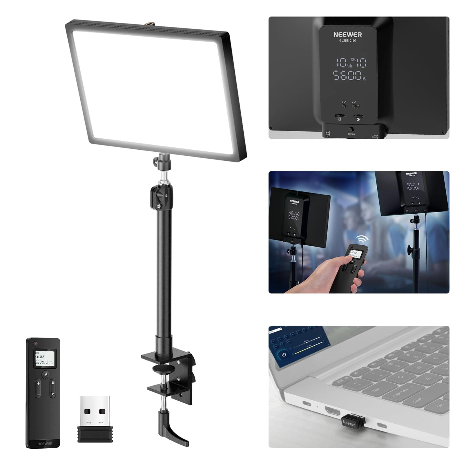 GL25B 12.9" Streaming Key Light, 2.4G RT100 Remote & PC/Mac APP Control 25W 2300Lux/0.5m 2900K–7000K CRI98+ Dimmable Edge Emitting Silent Webcam Video Light with Desk Stand & USB Transmitter