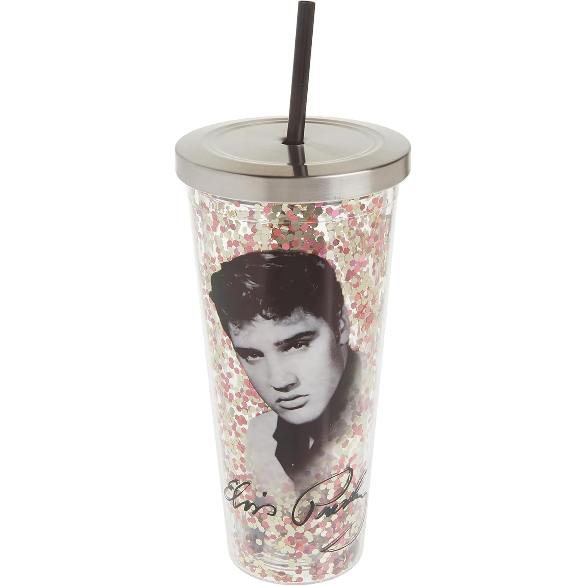 Glitter Filled Acrylic Tumbler - Glitter Cup with Straw - 20 oz - Stainless Steel Locking Lid with Straw - Double Wall Insulated - BPA Free - Elvis Presley