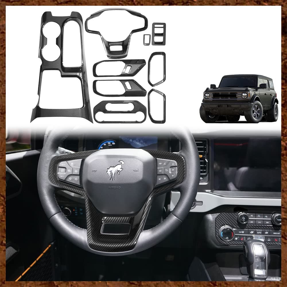 Muslogy for Ford Bronco Set of 9 Interior Modification Accessories Covers,Gear Shift Panel Trim,Inner Door Handle Bowl Cover,Steering Wheel Cover Compatible with Bronco 2021-2024(Carbon Fiber)