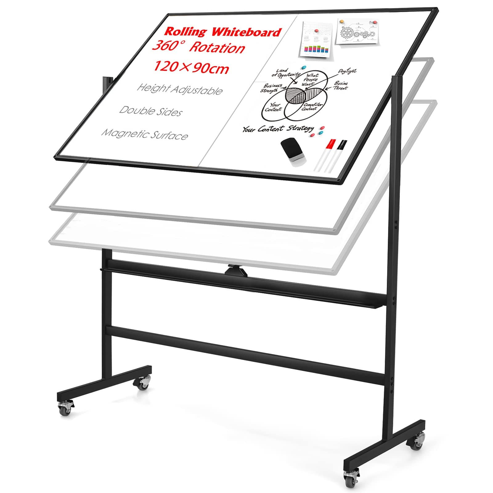 Boardest Rolling Magnetic Whiteboard 48 x 36 Inches Large Portable Dry Erase Board with Stand Double Sided Easel Style Whiteboard with Wheels - Mobile Standing Whiteboard for Office, Classroom & Home