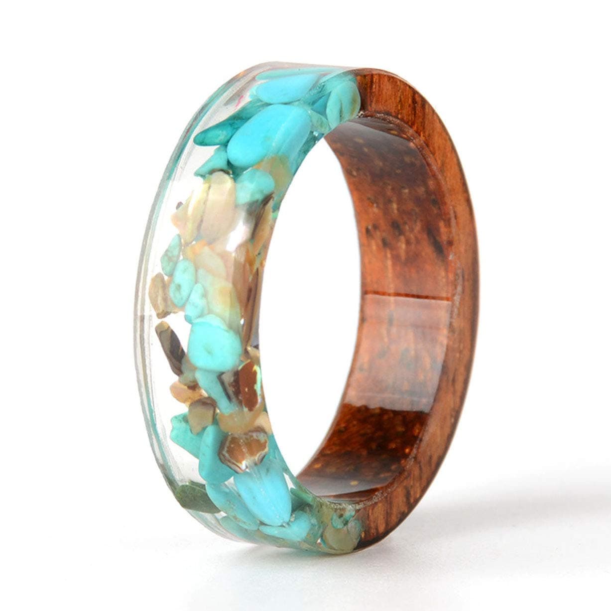 Unique Wood Plastic Resin Ring with Turquoise Insided Transparent Crystal Band Ring Best Handmade Gift for Her