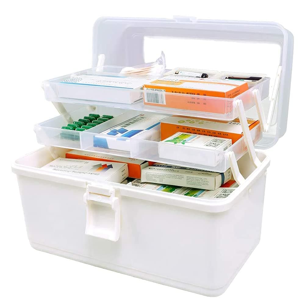 Medicine Box, Plastic Medical Storage Box, Family Emergency Kit Medical Kit, 3-Tier Home First Aid Box, Child Proof Medicine Box Organizer Pill Case with Compartments and Handle (A-White)
