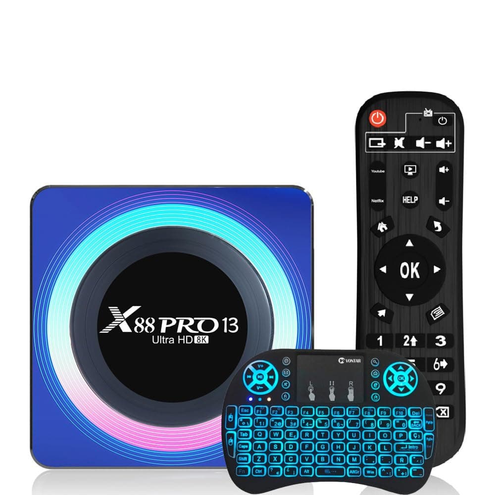 CHROX Android TV Box 13.0, X88 Pro 13 Smart TV Box RK3528 4GB 64GB Support 2.4G/5.8G Wifi6 BT5.0 with Mini Backlit Keyboard Ethernet LAN 3D/4K Video Set Top TV Box,2GB+16GB [Energy Class A]