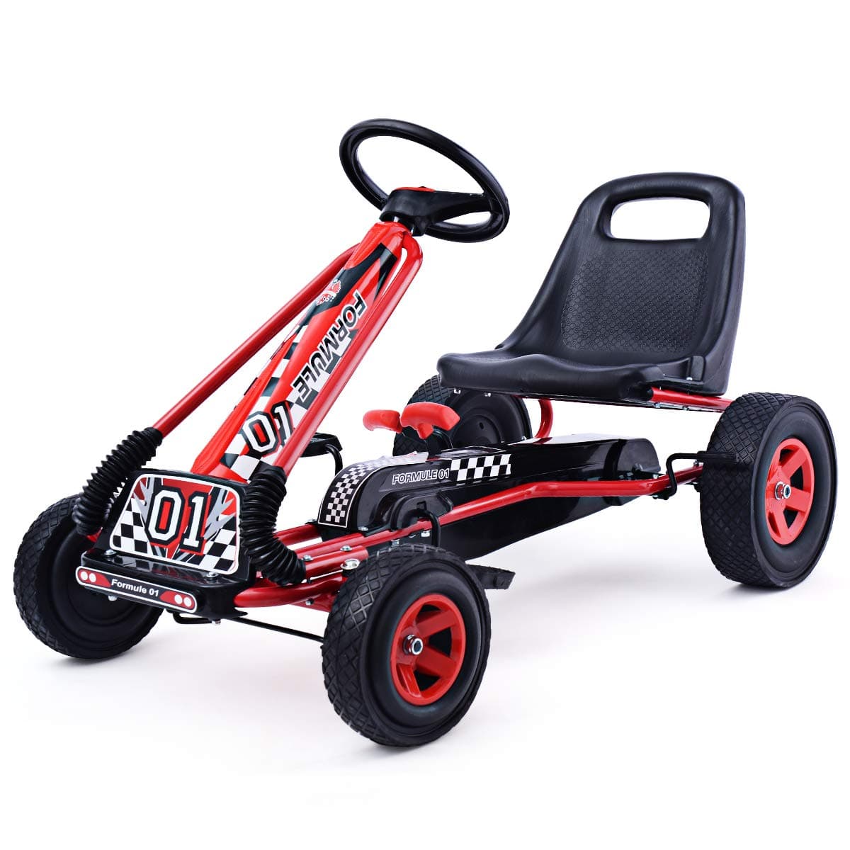 Go Kart for Kids, 4 Wheel Off-Road Pedal Go Cart w/Adjustable Seat, Steering Wheel, 2 Safety Brakes, EVA Rubber Tires, Ride-On Toys for Boys & Girls, Outdoor Racer Ride On Pedal Car (Red)