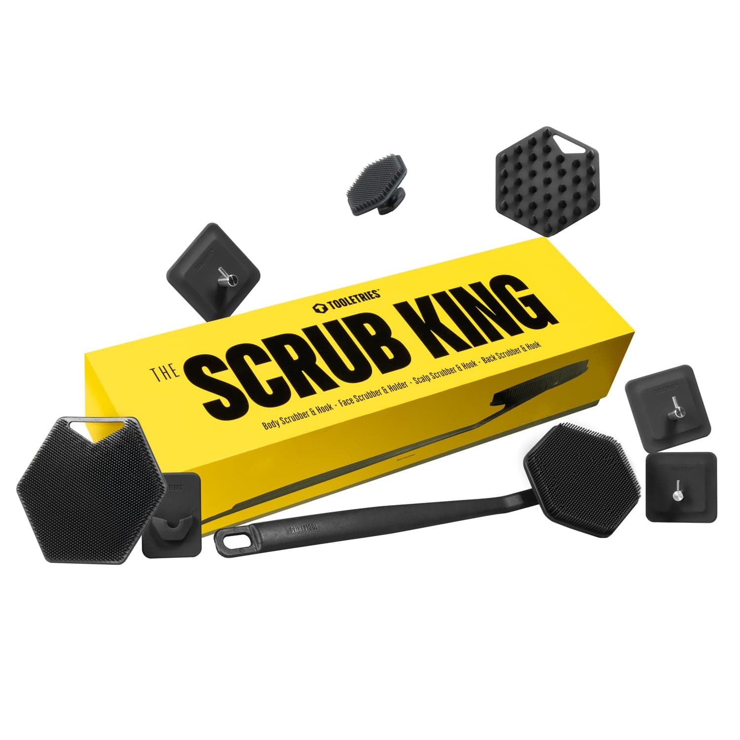 TOOLETRIES The Scrub King – Complete Silicone Shower Set for Men – Includes Back Brush, Body Cleaner, Face Scrubber, Scalp Massager with Adhesive Hooks and Holder, Full Body Bath Kit - Charcoal