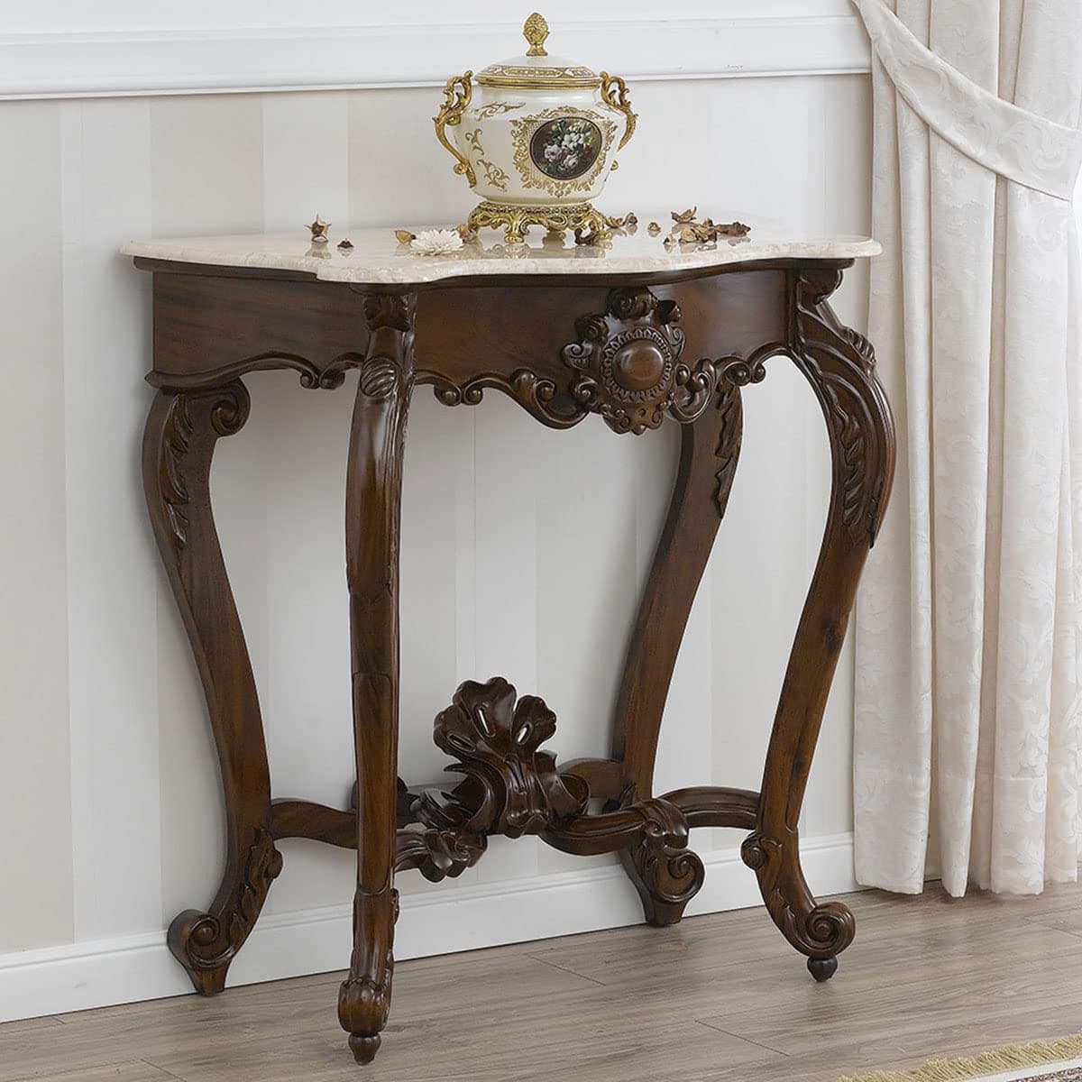 Simone Guarracino Luxury Design Console Luigi Filippo Neapolitan '800 Italian Baroque Style Walnut Cream Marble 90 Cm