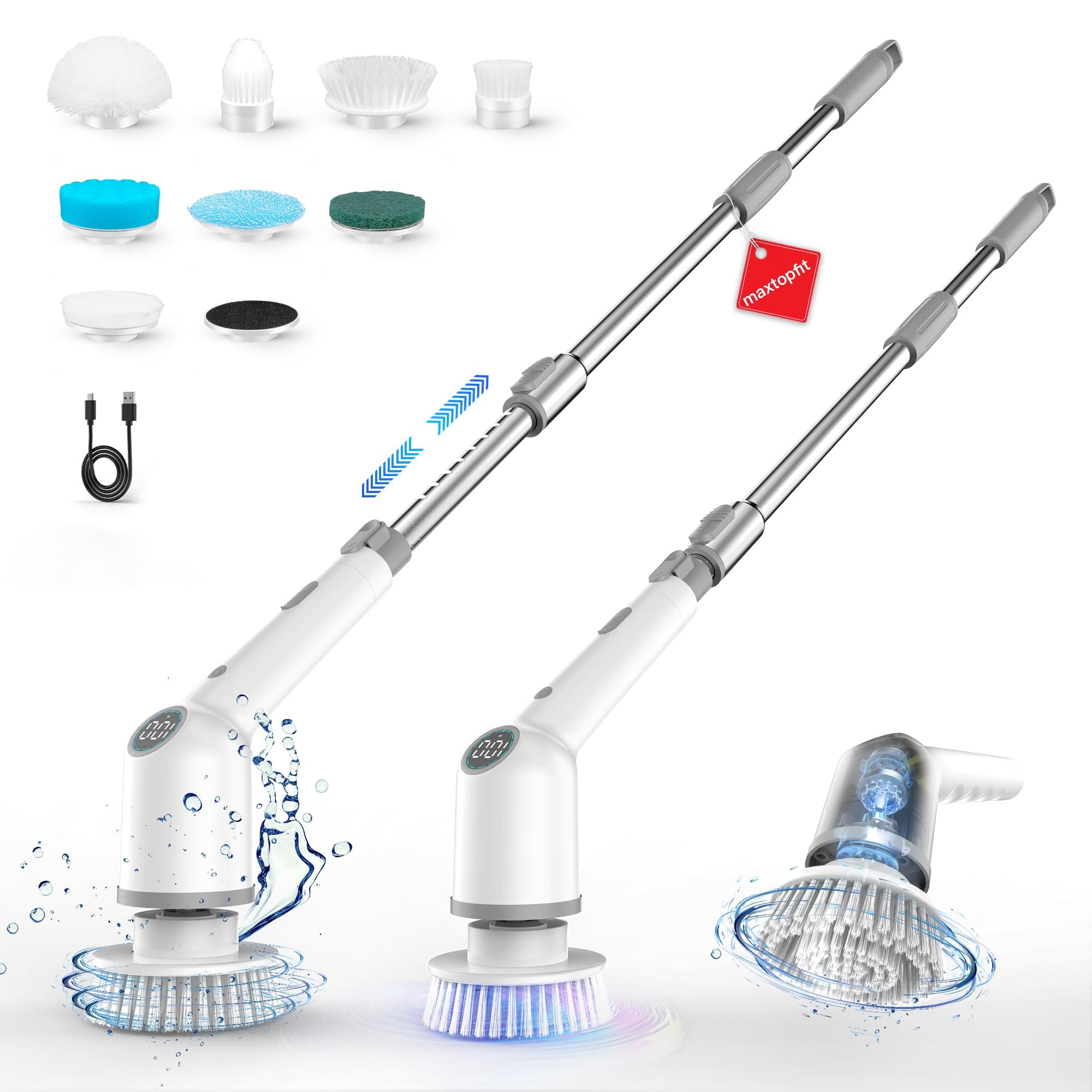 Electric Spin Scrubber, 9 in 1 Cordless Power Shower Scrubber Cleaning Brushes with Long Handle & 8 Replaceable Heads, Shower Cleaner Brush with 3 Adjustable Speeds for Grout Bathroom Glass Tub Floor