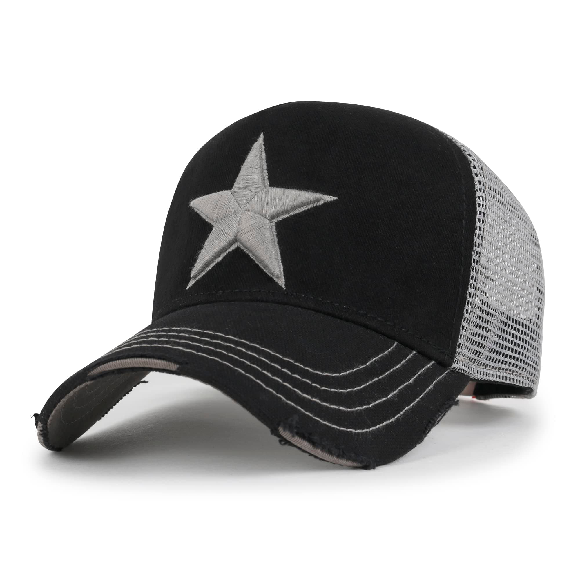 ililily Star Embroidery Black White Trucker Hat Cotton Baseball Cap