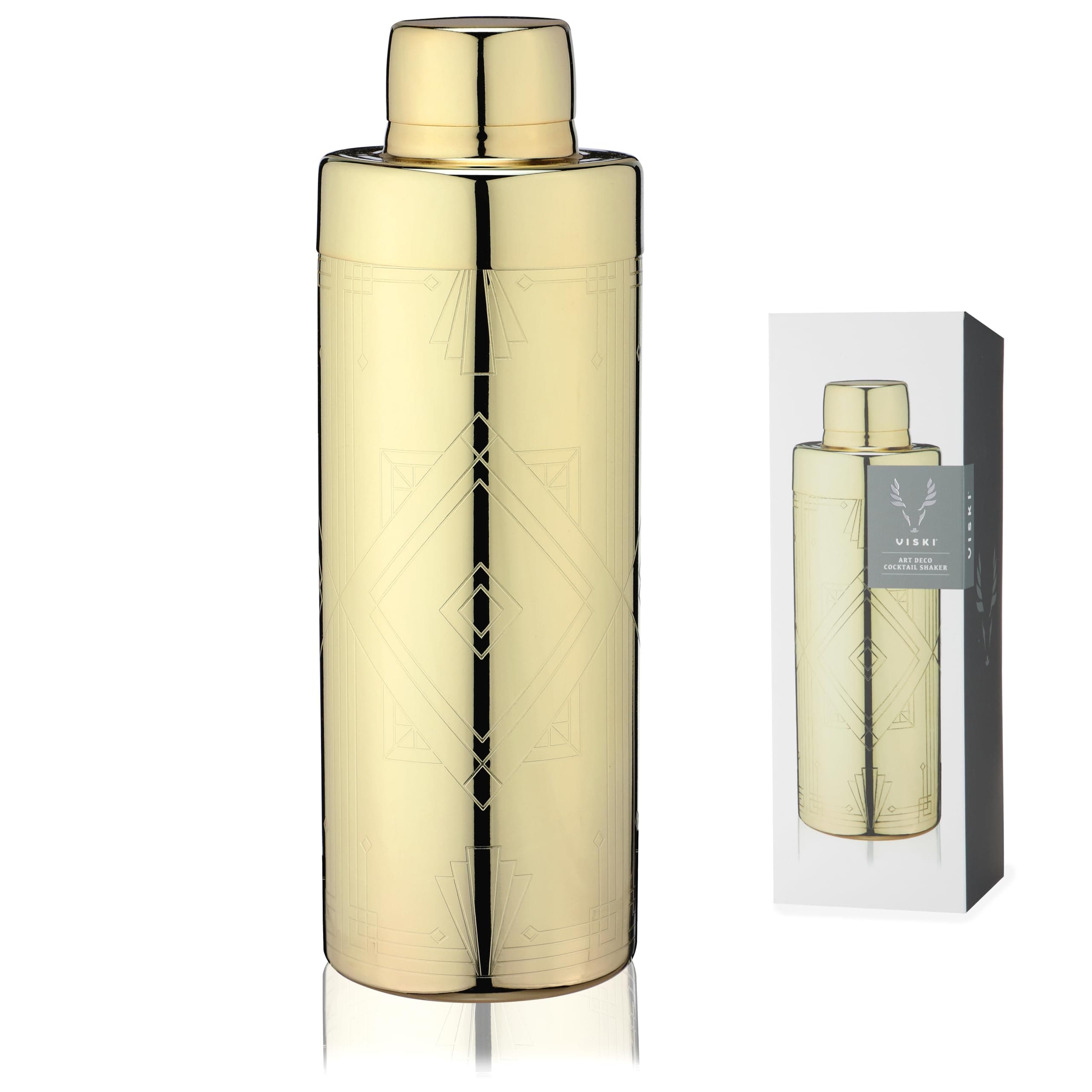 Art Deco Gold Cocktail Shaker, 24 oz Etched Stainless Steel Shaker With Strainer & Gold Finish