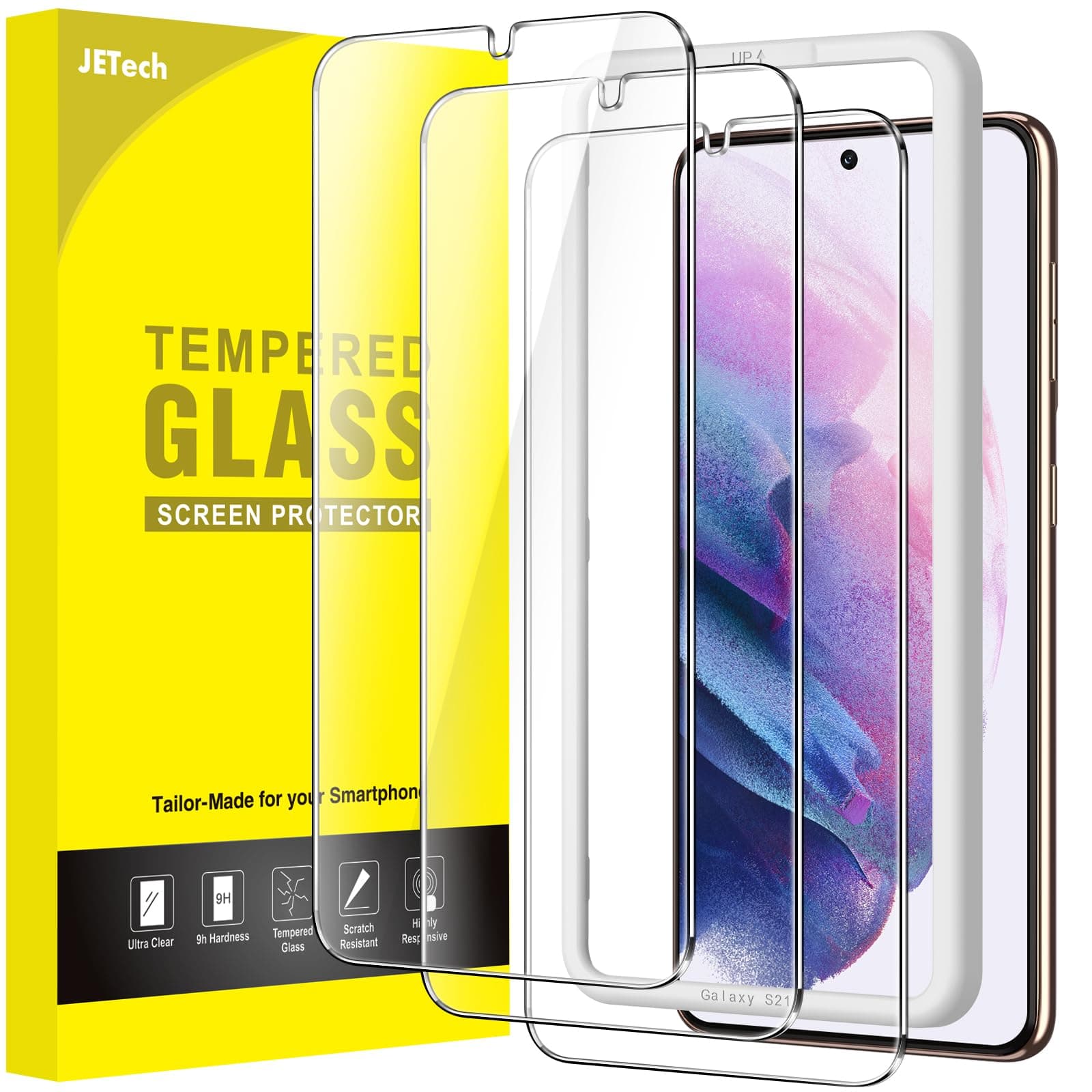 JETech Screen Protector for Samsung Galaxy S21 5G 6.2-Inch, Tempered Glass Film with Easy Installation Tool, Fingerprint ID Compatible, HD Clear, 3-Pack