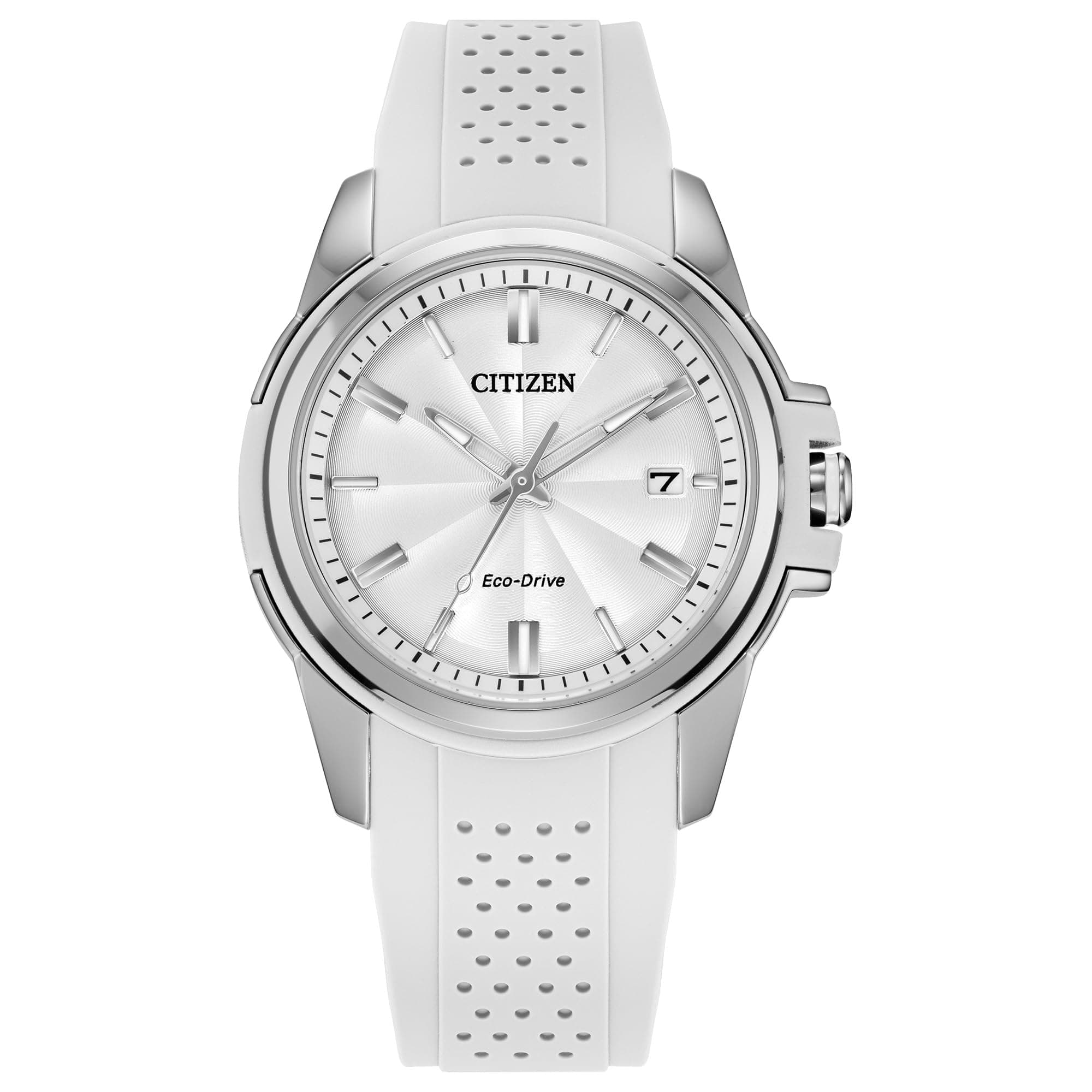 Ladies' Eco-Drive Classic Silver Stainless Steel 3 Hand Watch with White Rubber Strap,White Dial (Model:FE6131-04A)
