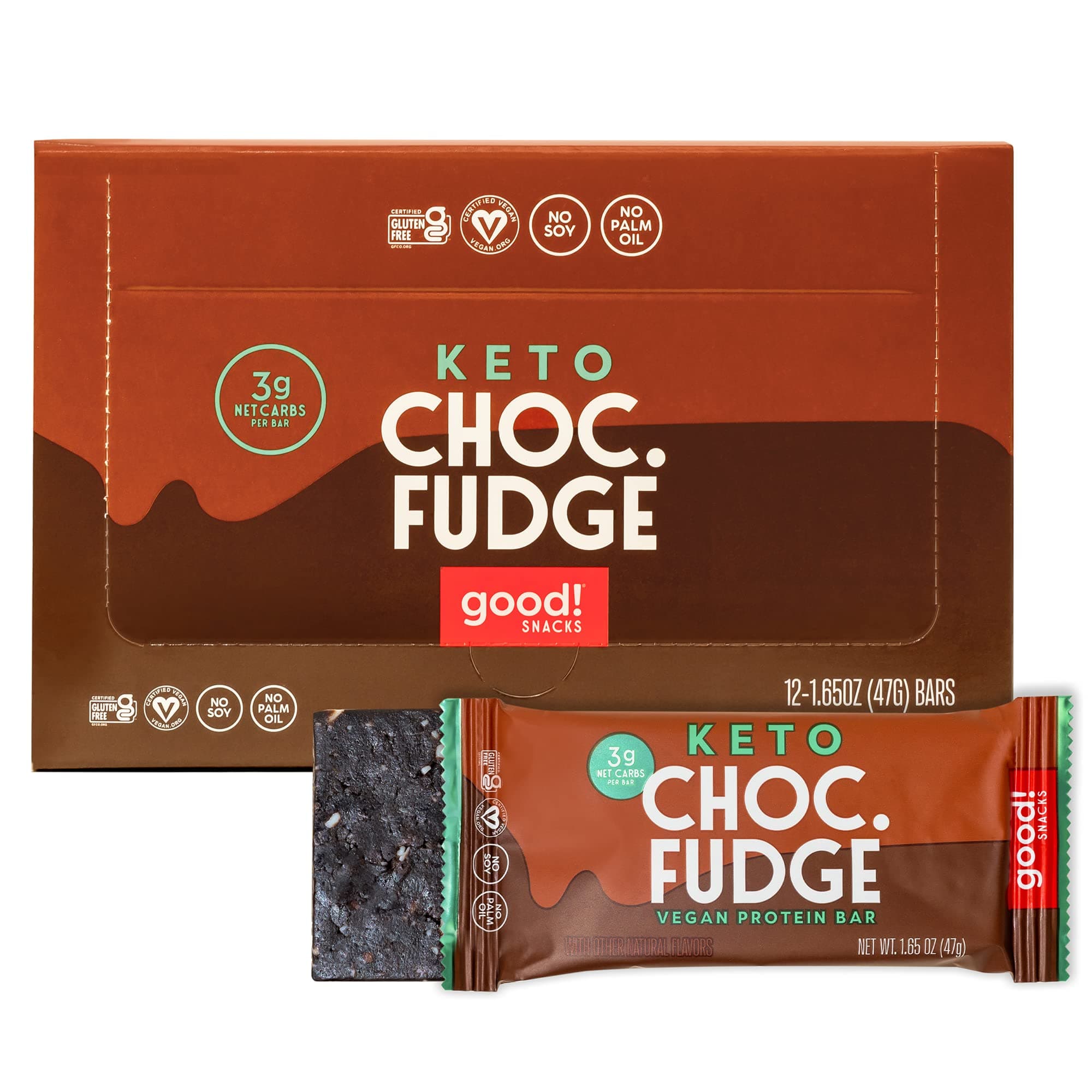 good! Snacks Keto Vegan Protein Bars, Chocolate Fudge, Gluten Free Keto Snack Bar, Low Carb, Low Sugar Meal Replacement, High Protein Healthy Snacks, 11g Protein, 3g Net Carbs, 12 Bars