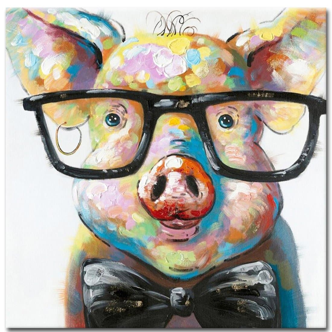 Muzagroo Art Happy Pig with Glasses Paintings for Living Room Hand Painted Canvas Wall Art for Living Room with Rasied Texture on Canvas Stretched Ready to Hang(24x24in)